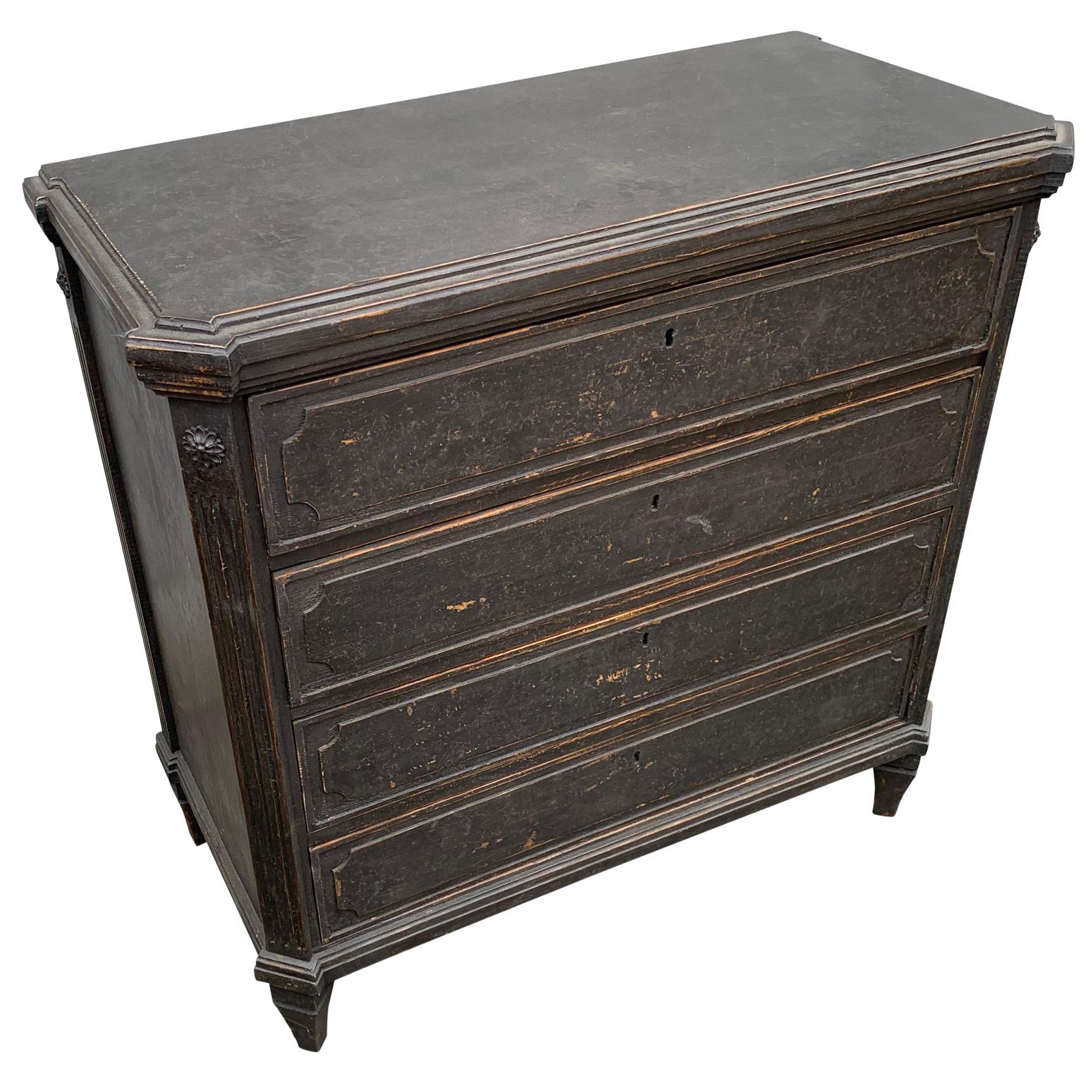 Pine Swedish 19th Century Black Painted Four Drawer Dresser For Sale