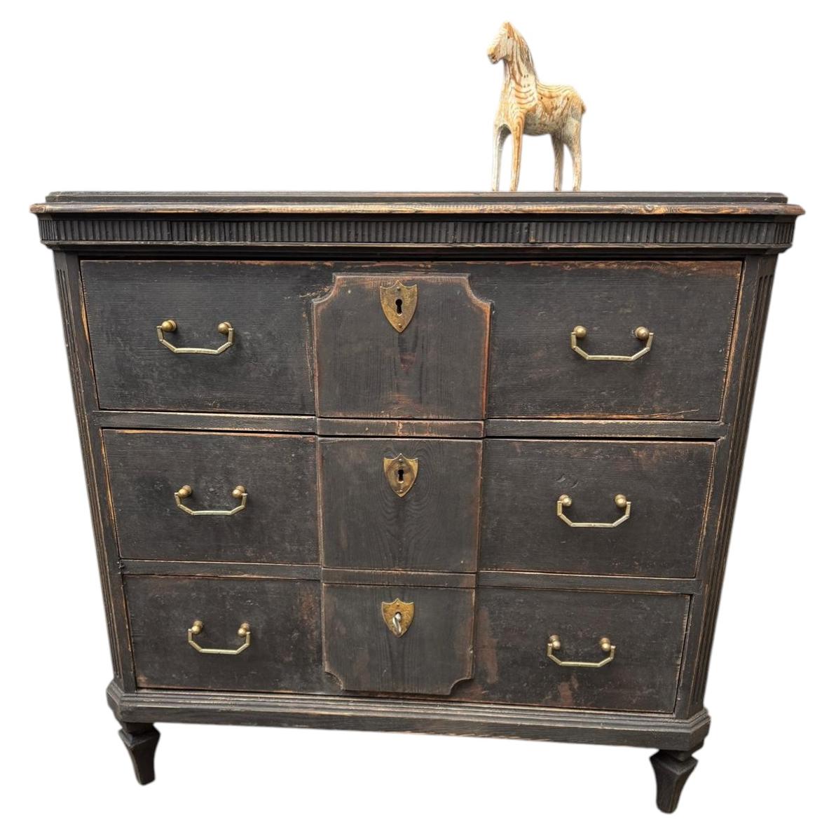 Swedish 19th Century Black Painted Gustavian 3 Drawer Chest