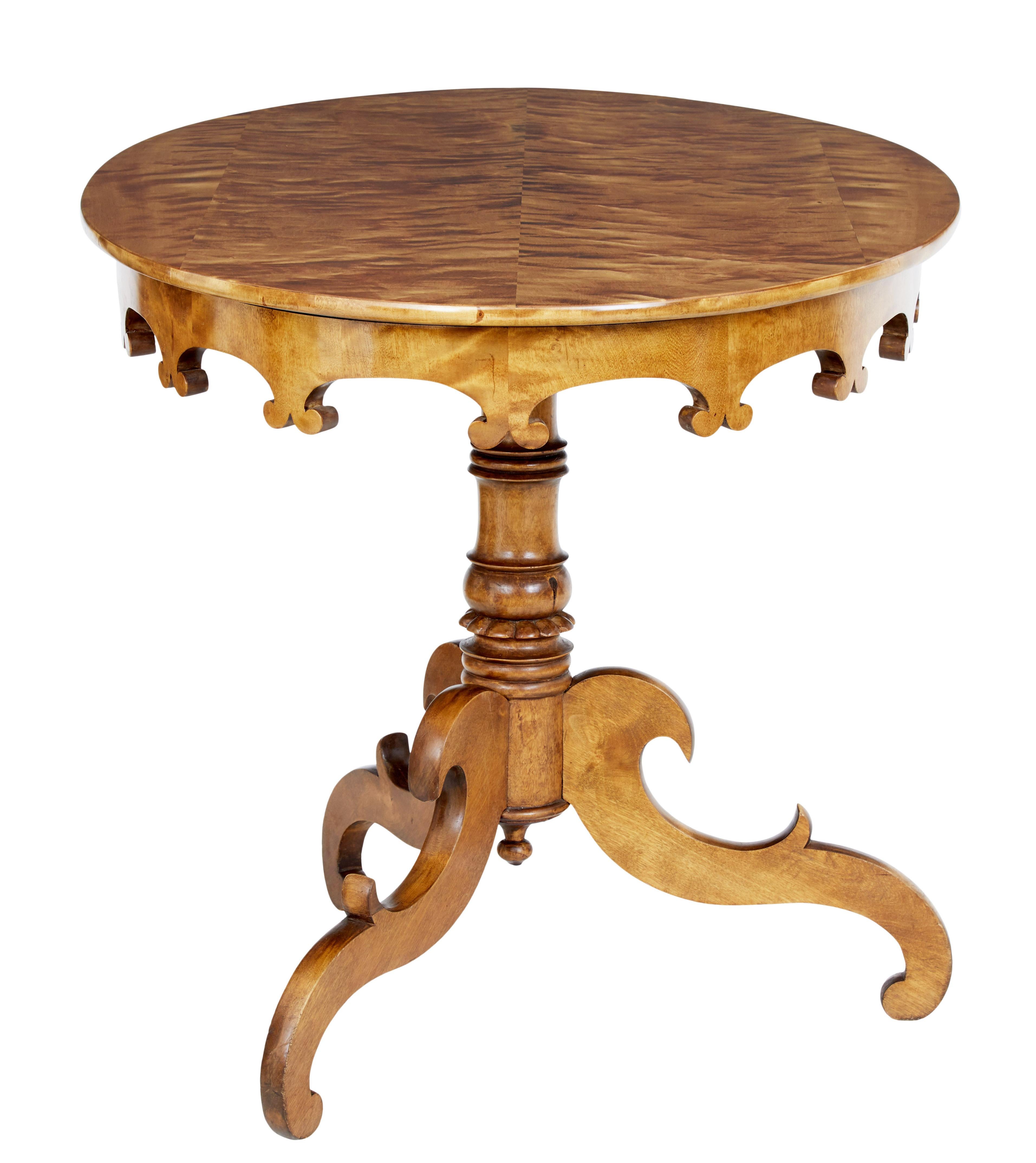 Swedish 19th century burr birch oval occasional table, circa 1890.

Good quality birch oval table with striking veneered top. Oval shape lends it to be able to be used as a lamp/side or center table.

Shaped decorative frieze. Standing on a
