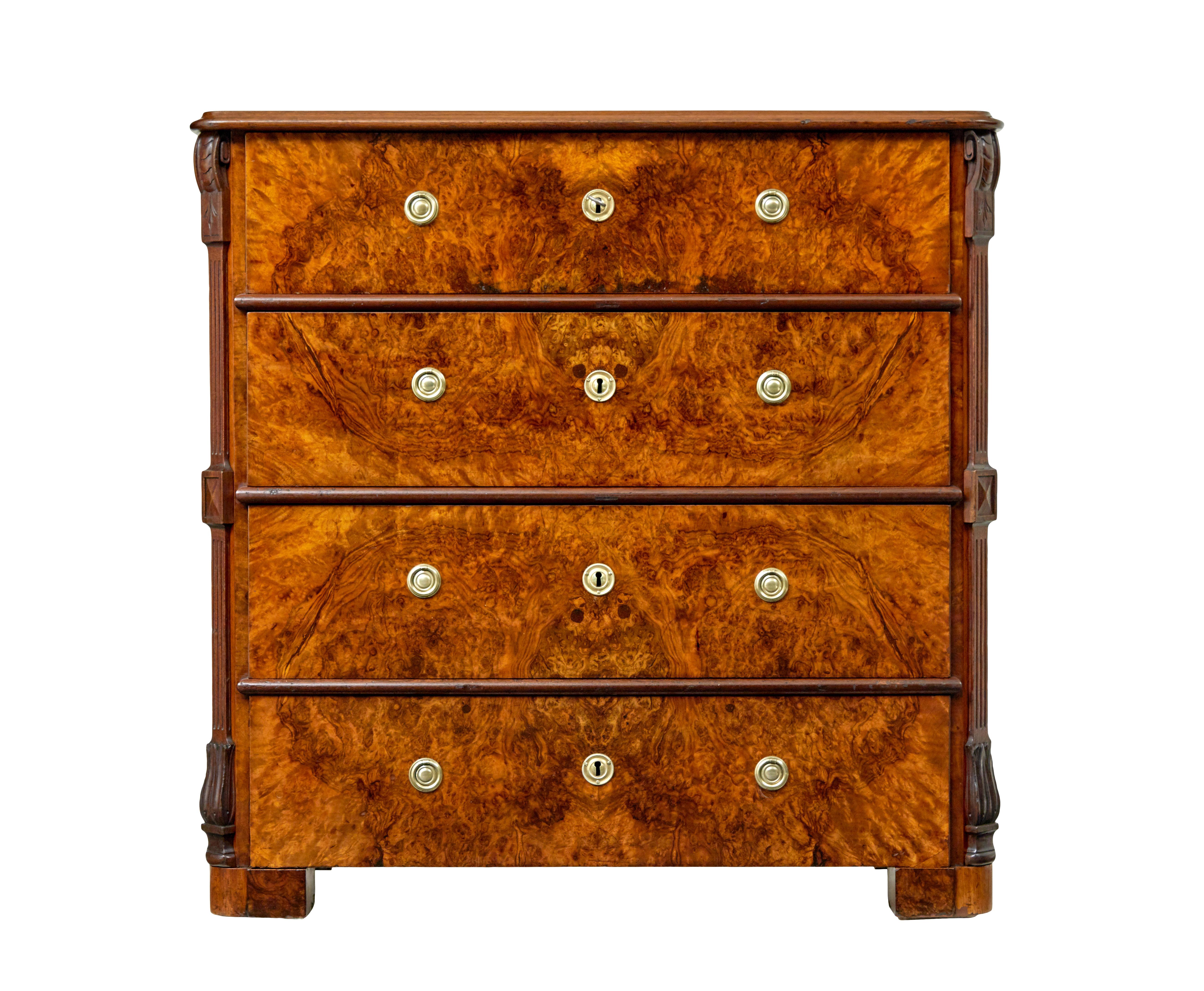 Swedish 19th century burr walnut chest of drawers circa 1870.

Good quality 4 drawer chest of drawers with burr walnut drawer fronts and top surface.

Bookmarked veneered top surface with moulded edge.  Below which the chest is fitted with 4 drawers