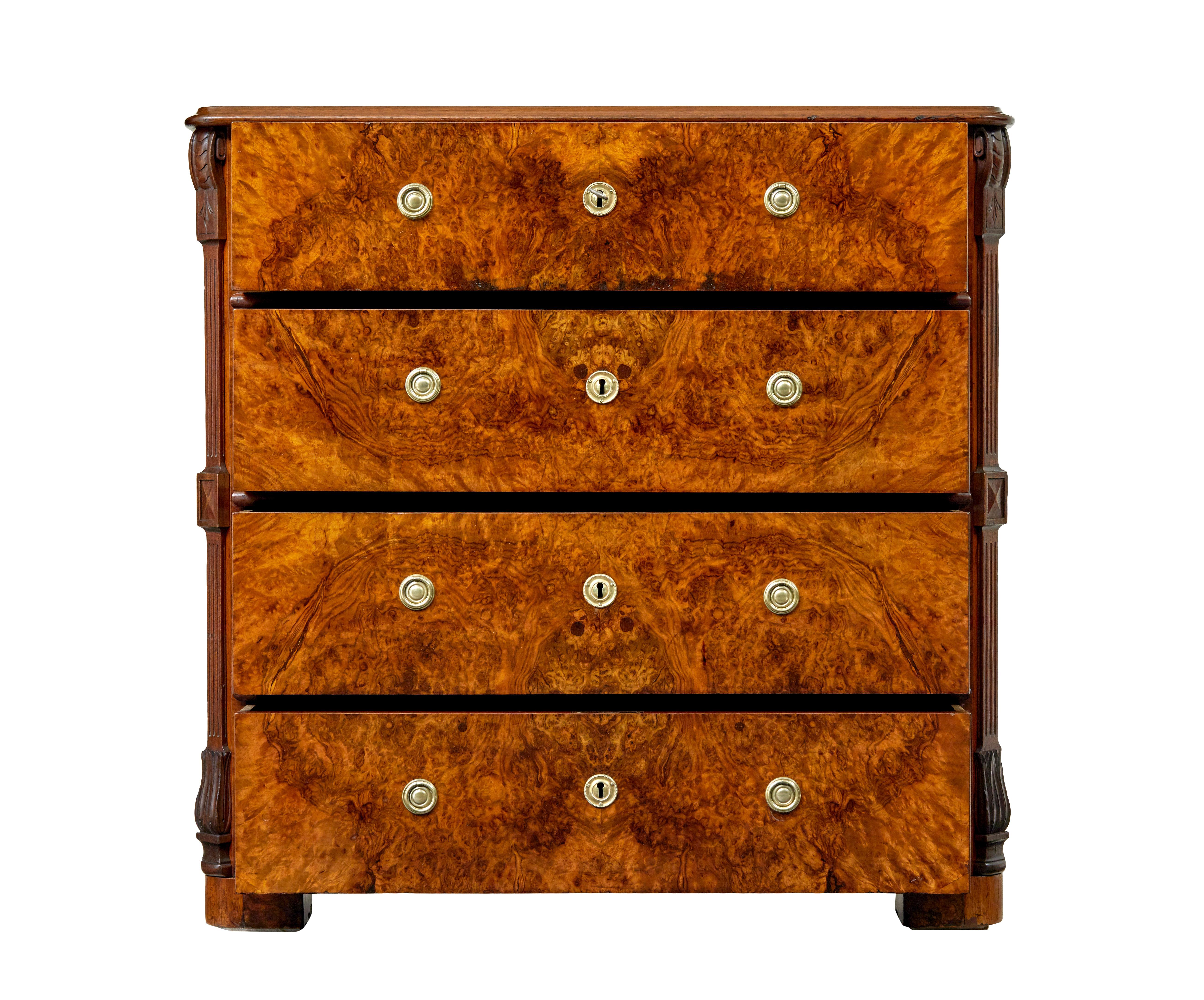 Victorian Swedish 19th century burr walnut chest of drawers For Sale
