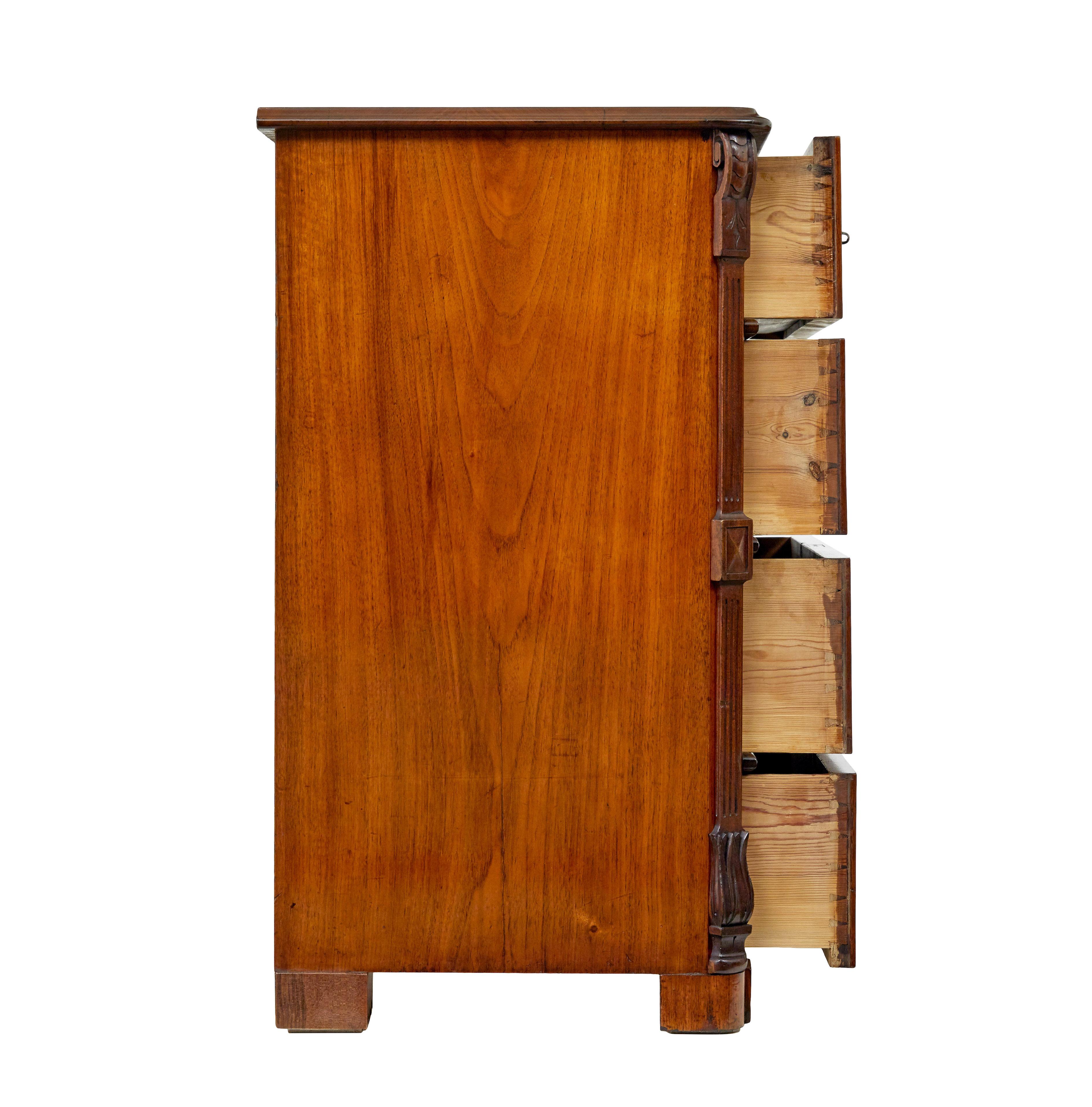 Carved Swedish 19th century burr walnut chest of drawers For Sale