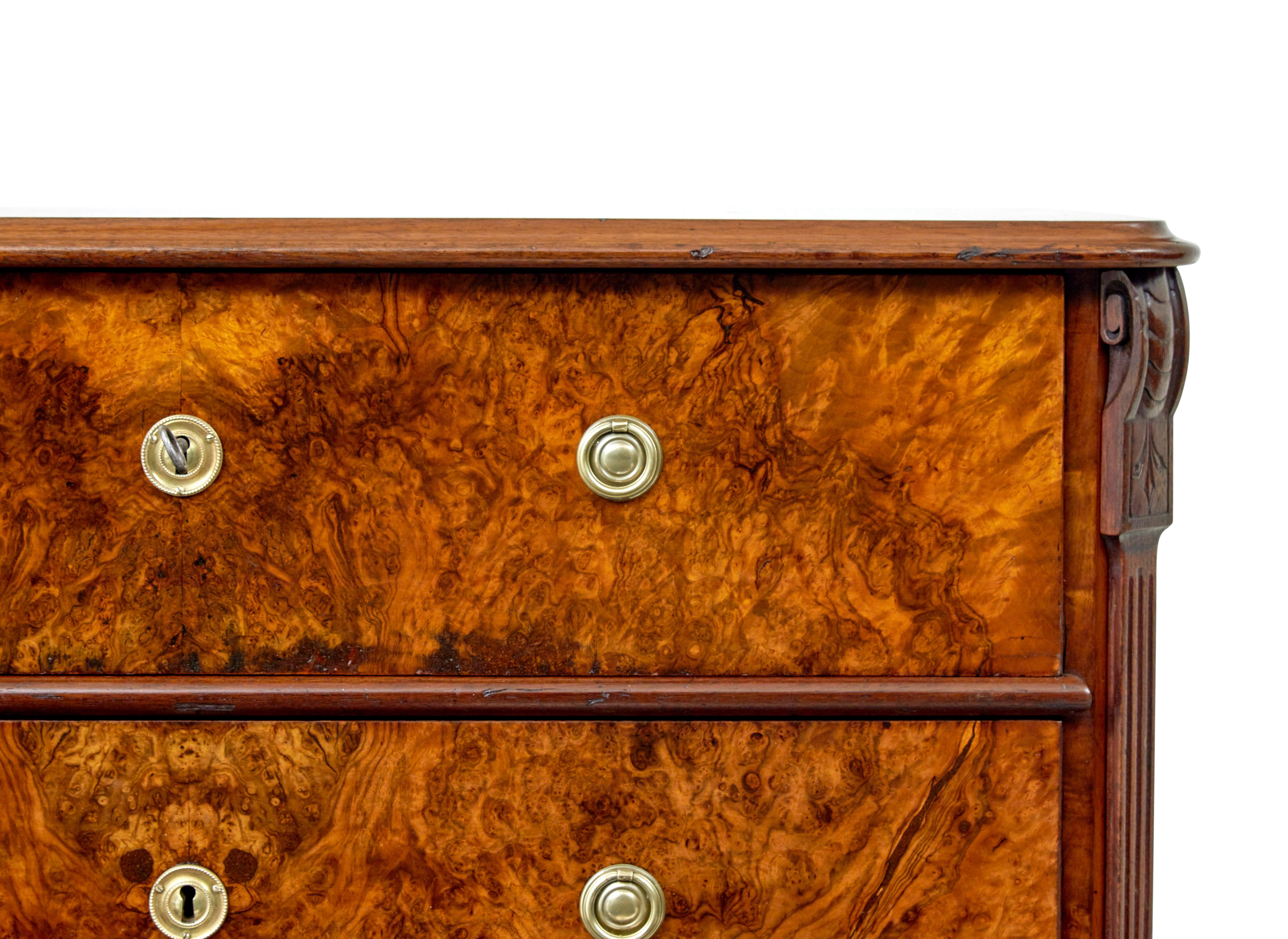 Walnut Swedish 19th century burr walnut chest of drawers For Sale