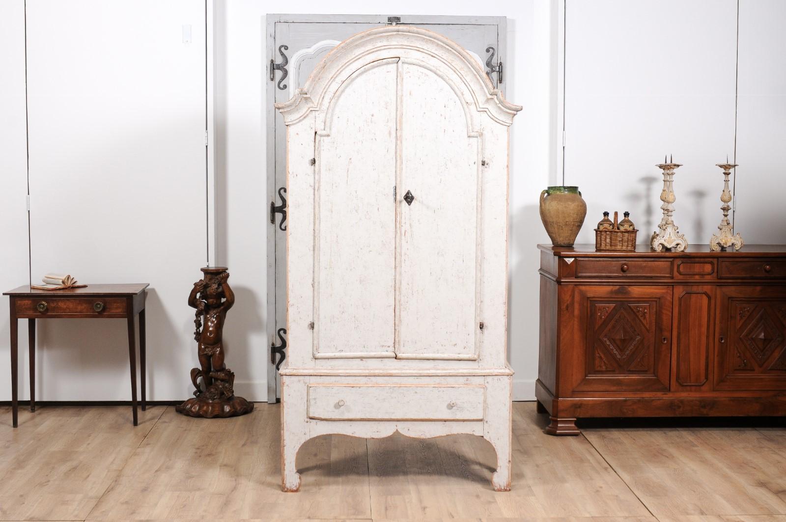 Swedish 19th Century Cabinet with Bonnet Top and Off White Painted Finish In Good Condition For Sale In Atlanta, GA