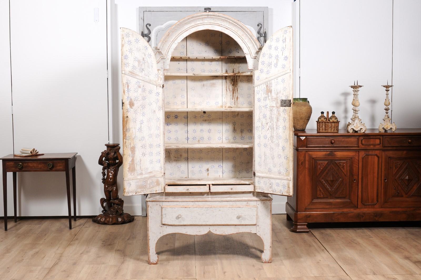 Wood Swedish 19th Century Cabinet with Bonnet Top and Off White Painted Finish For Sale