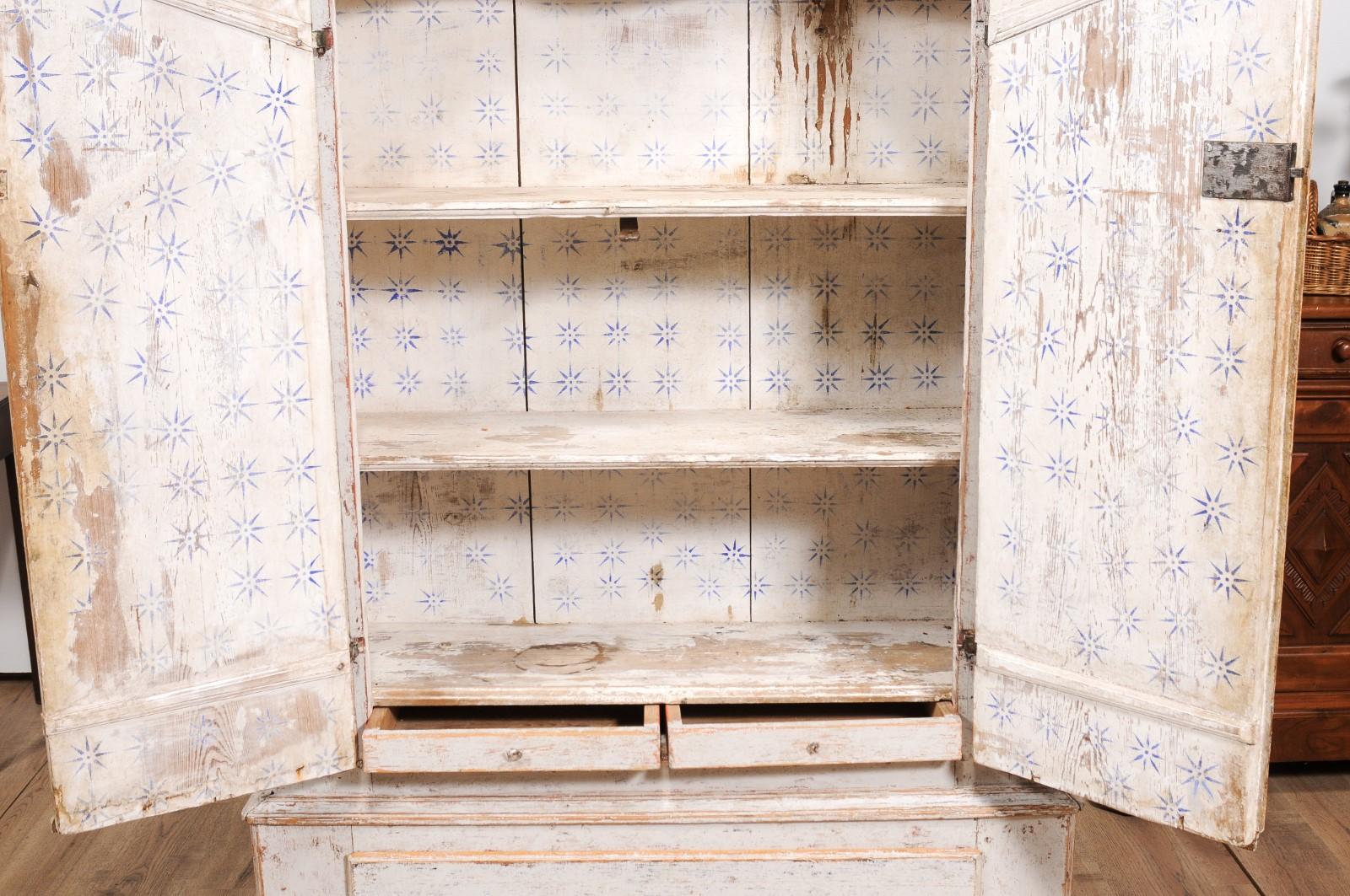 Swedish 19th Century Cabinet with Bonnet Top and Off White Painted Finish For Sale 1