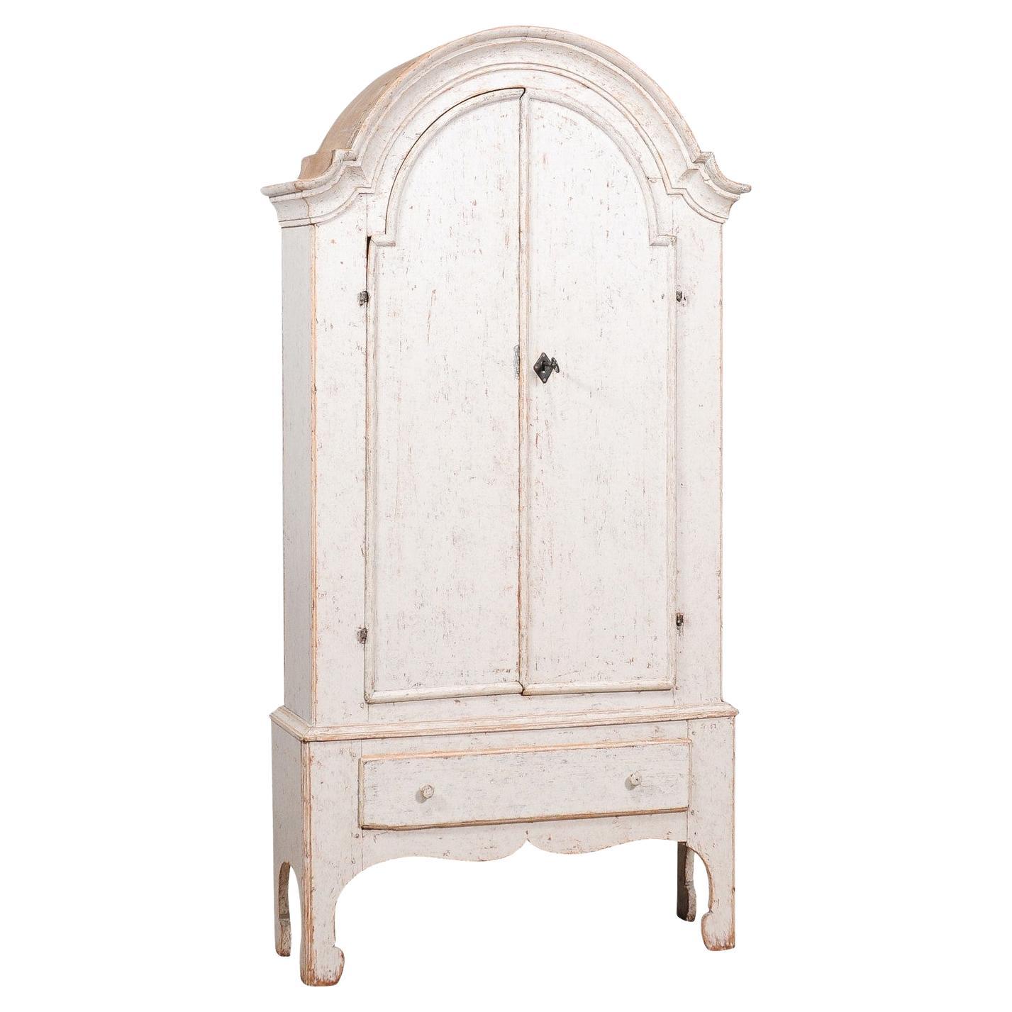 Swedish 19th Century Cabinet with Bonnet Top and Off White Painted Finish For Sale