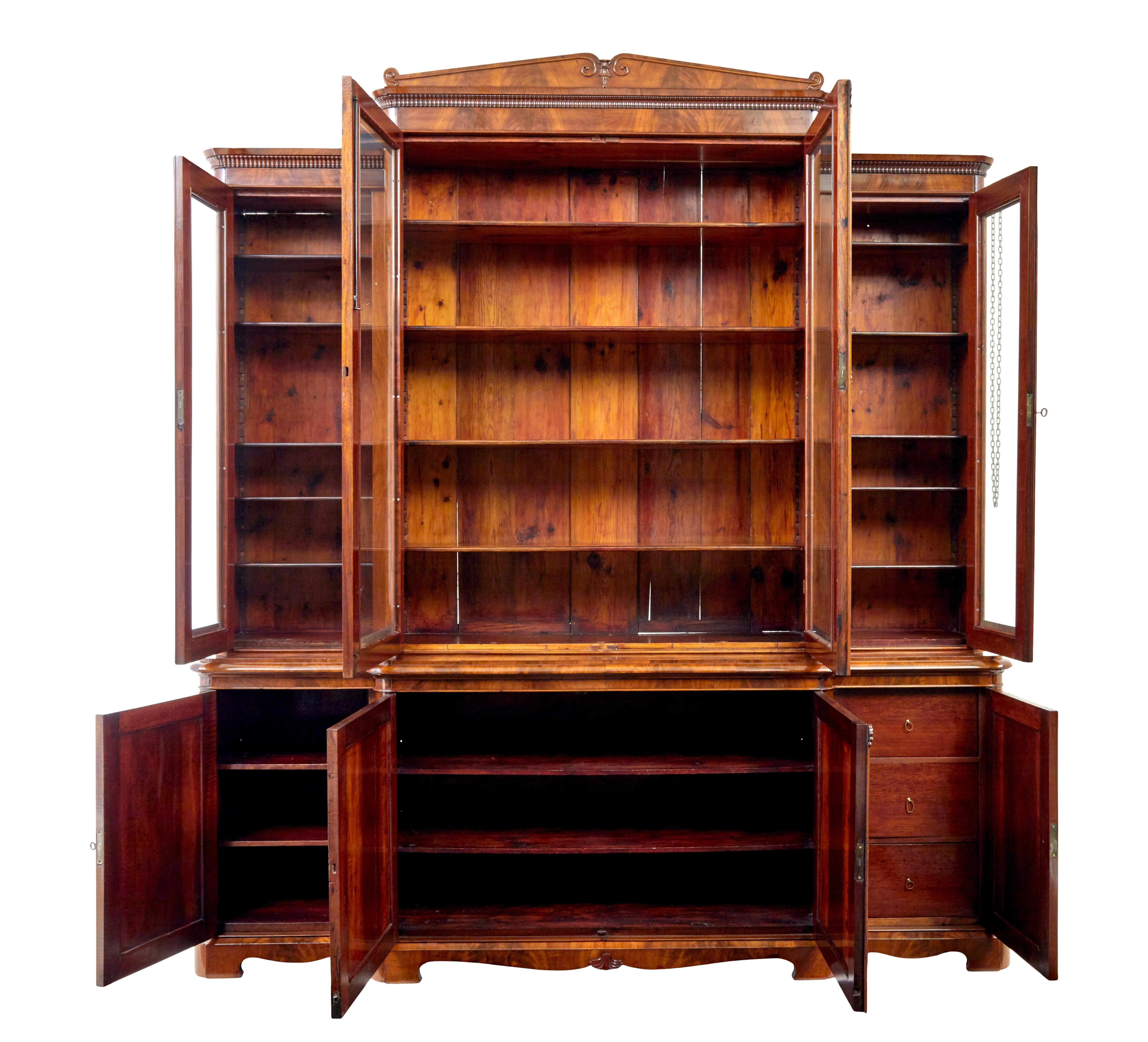 Empire Swedish 19th century flame mahogany breakfront bookcase For Sale