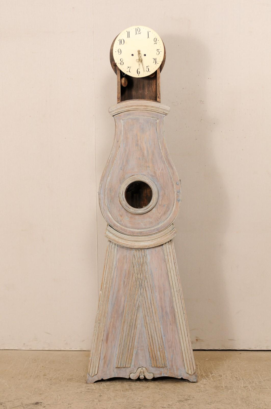 Painted Swedish 19th Century Floor Clock with Round Finial Crest