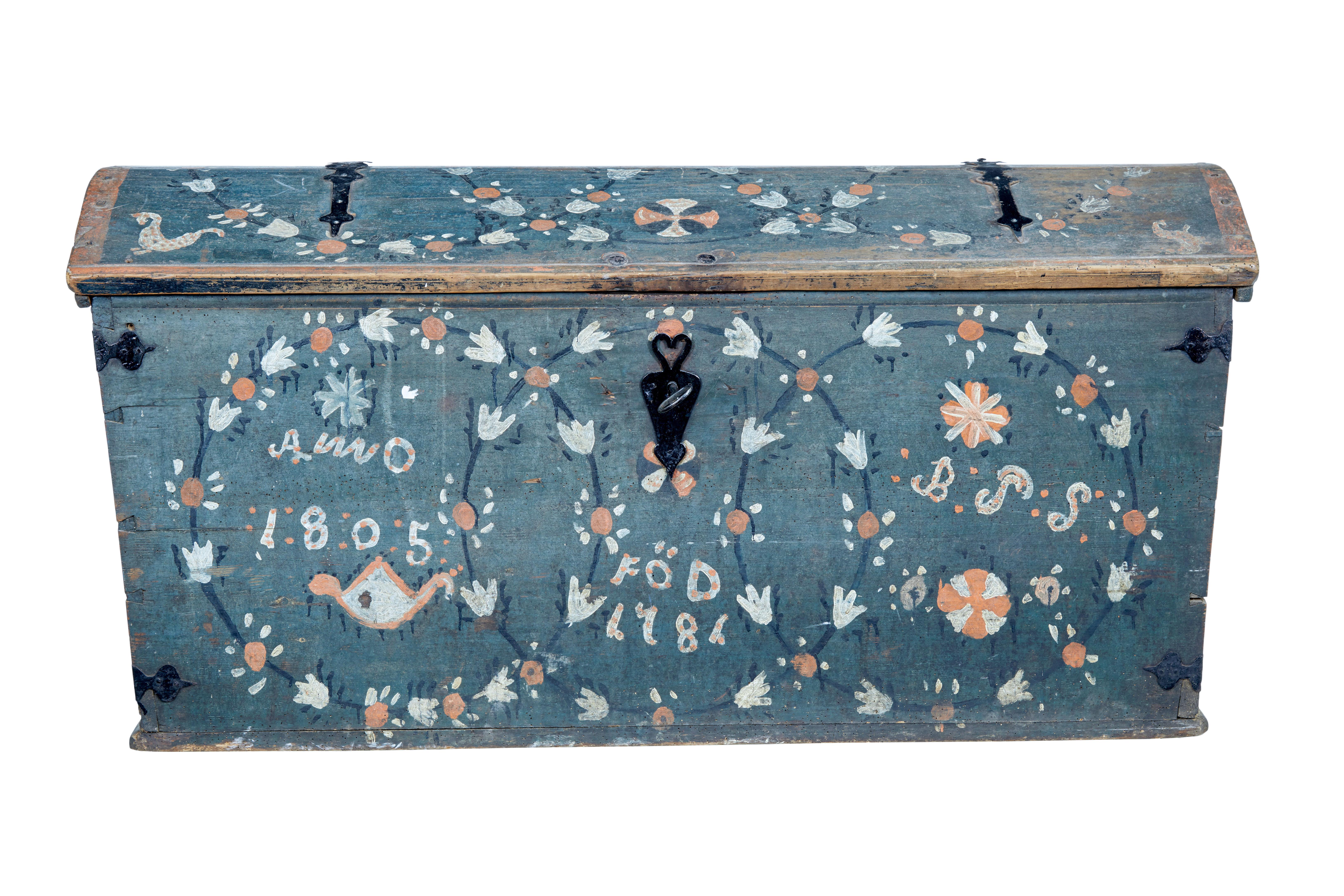 Swedish 19th century folk art hand painted dome top coffer circa 1805.

Traditional hand painted coffer in solid pine. Hand decorated with 2 dates and the initials of b.J.S, surrounded by over lapping wreaths. Top surface is also painted in the