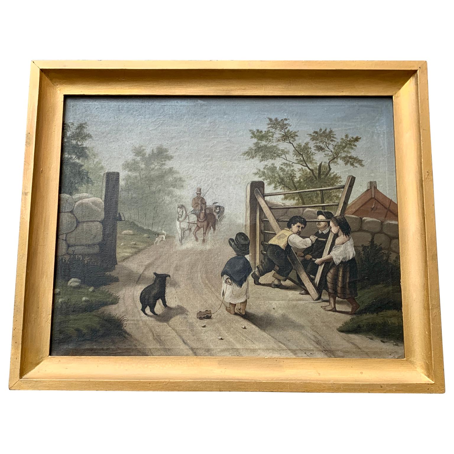 Swedish naive oil painting with the original frame, from the 2nd part of the 19th Century. 
This folk art work on canvas represents kids and a dog playing by a courtyard, opening the gate for a horse carriage with a lady sitting in it and its driver