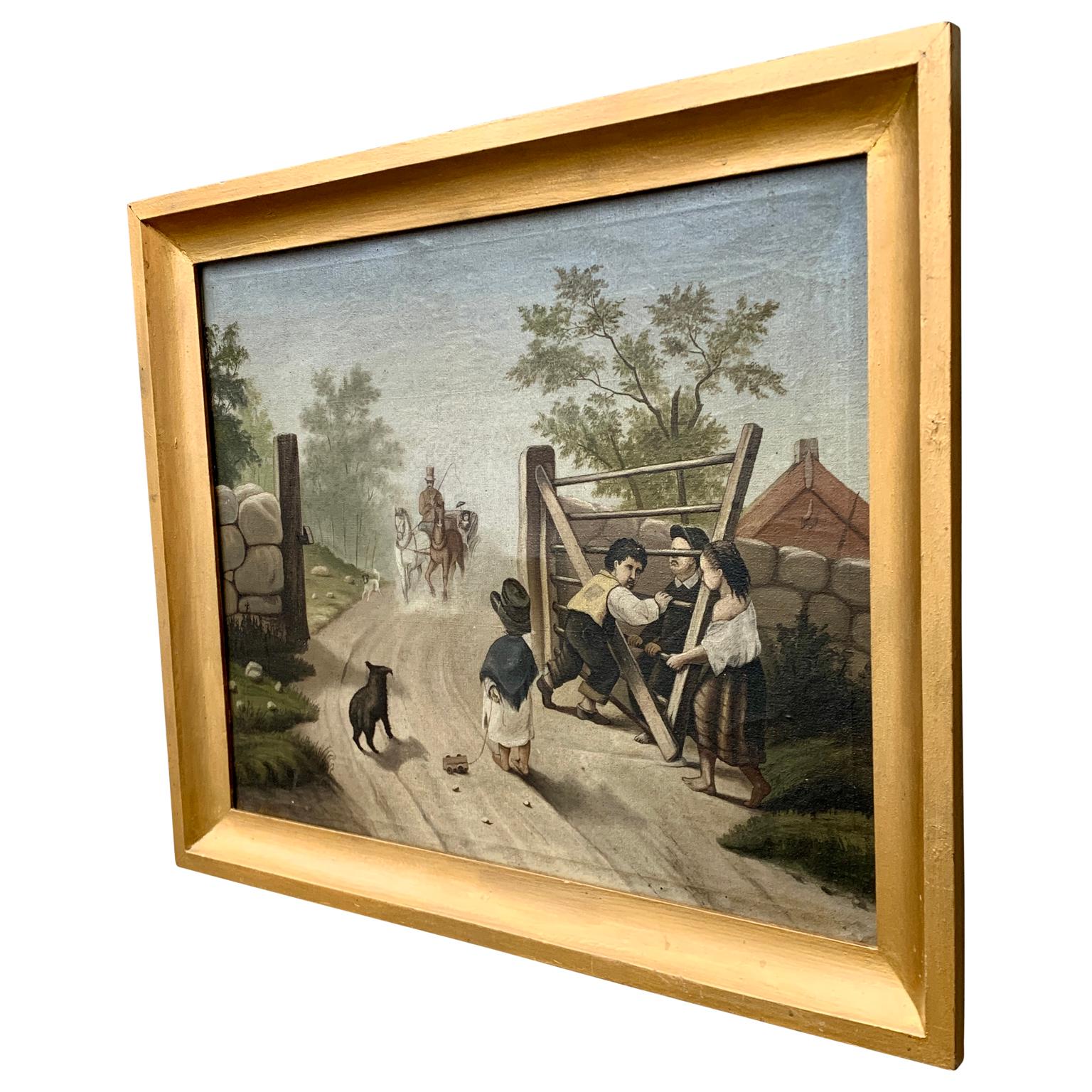 Swedish 19th Century Folk Art Oil Painting With Kids In Good Condition For Sale In Haddonfield, NJ