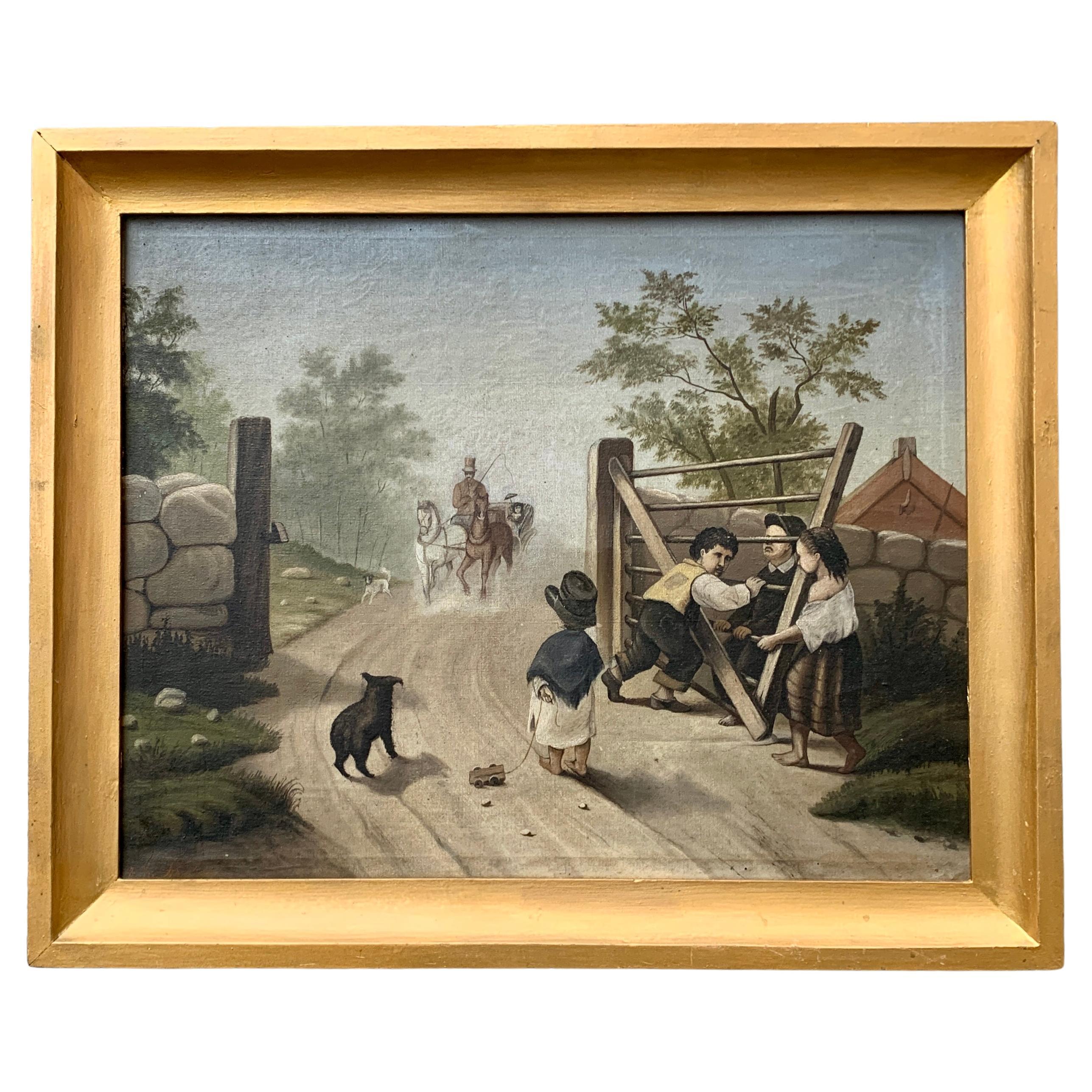 Swedish 19th Century Folk Art Oil Painting With Kids For Sale