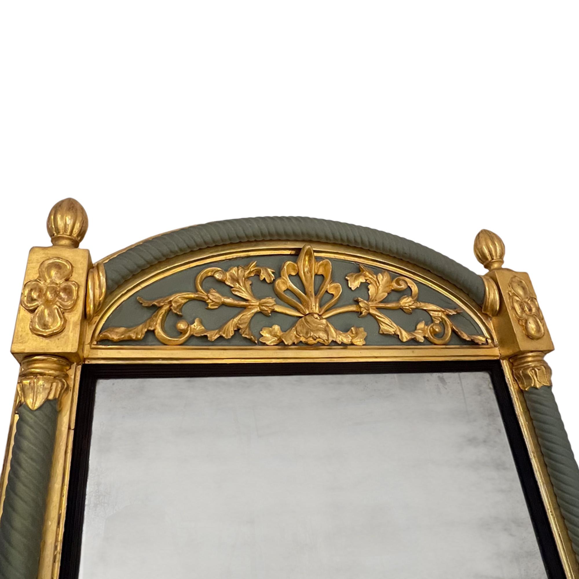 Hand-Carved Swedish 19th Century Giltwood Mirror With Refreshed Green Paint For Sale