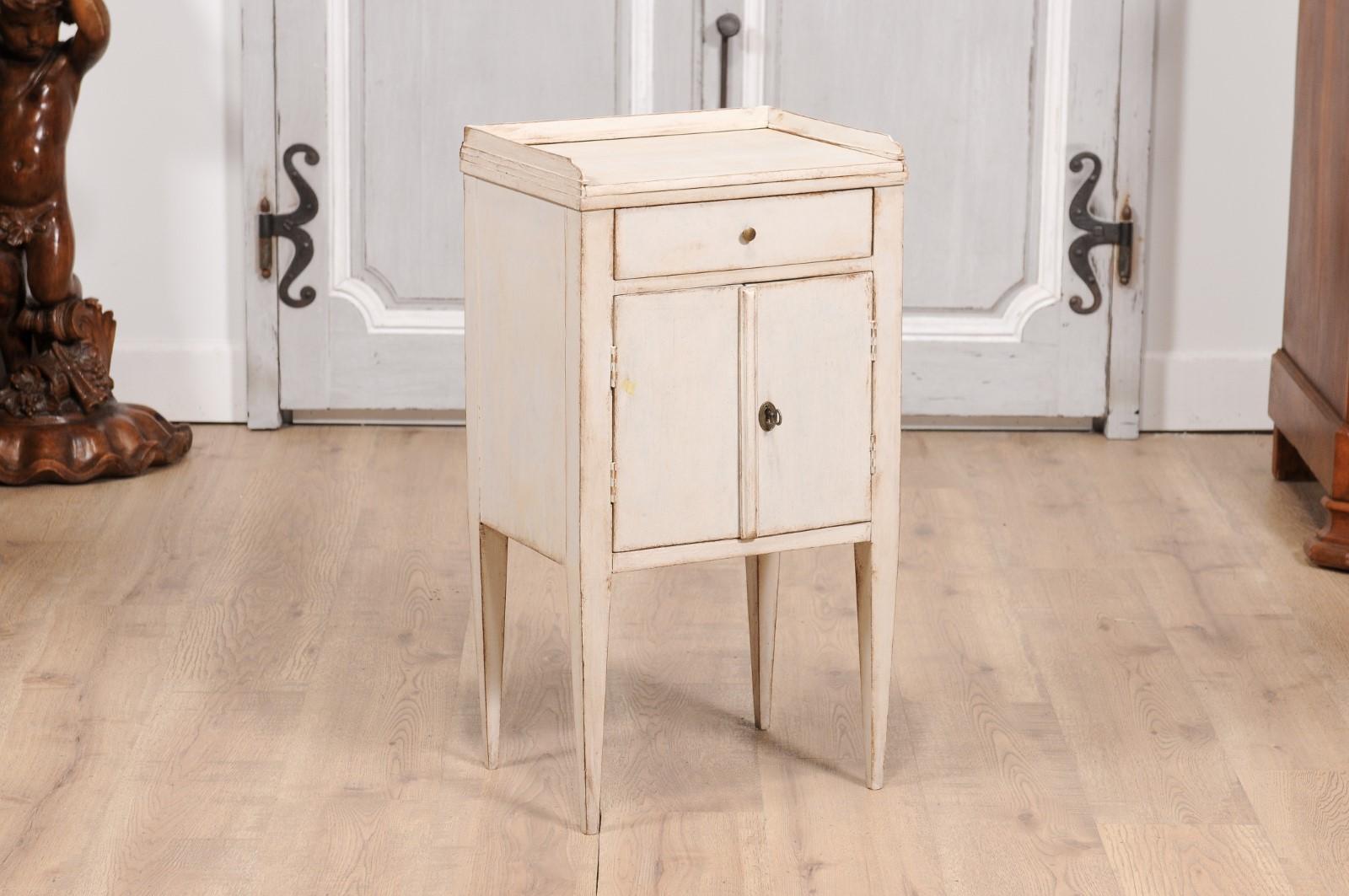 Carved Swedish 19th Century Gray Cream Painted Nightstand with Drawer and Double Doors For Sale