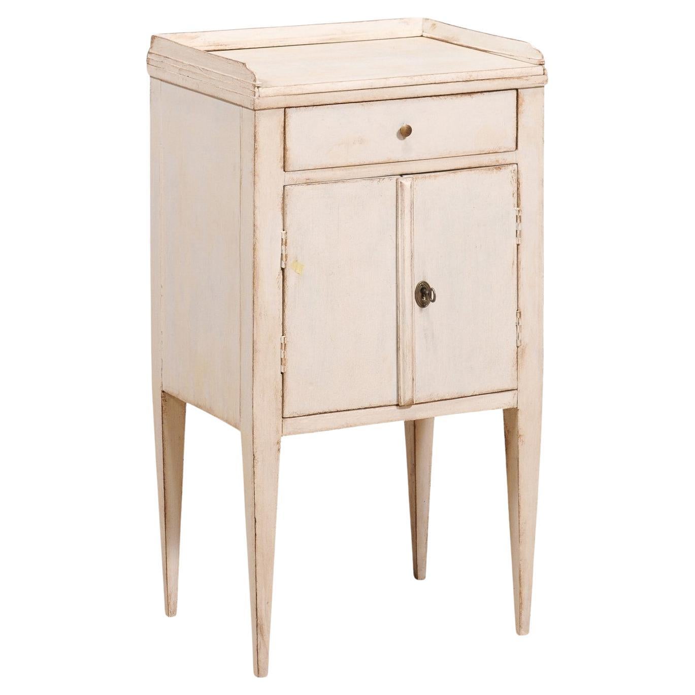 Swedish 19th Century Gray Cream Painted Nightstand with Drawer and Double Doors For Sale