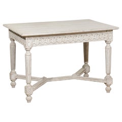 Swedish 19th Century Grey Painted Side Table with Carved Apron and Stretcher