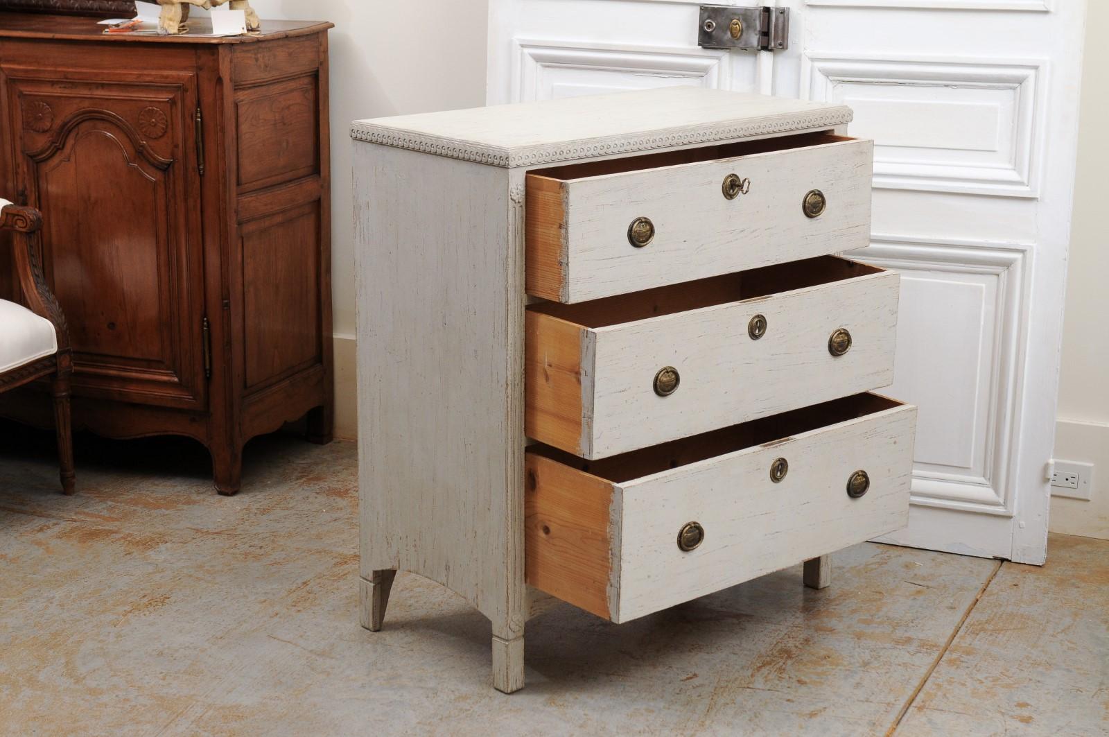 Carved Swedish 19th Century Gustavian Style Painted Three-Drawer Chest with Guilloches