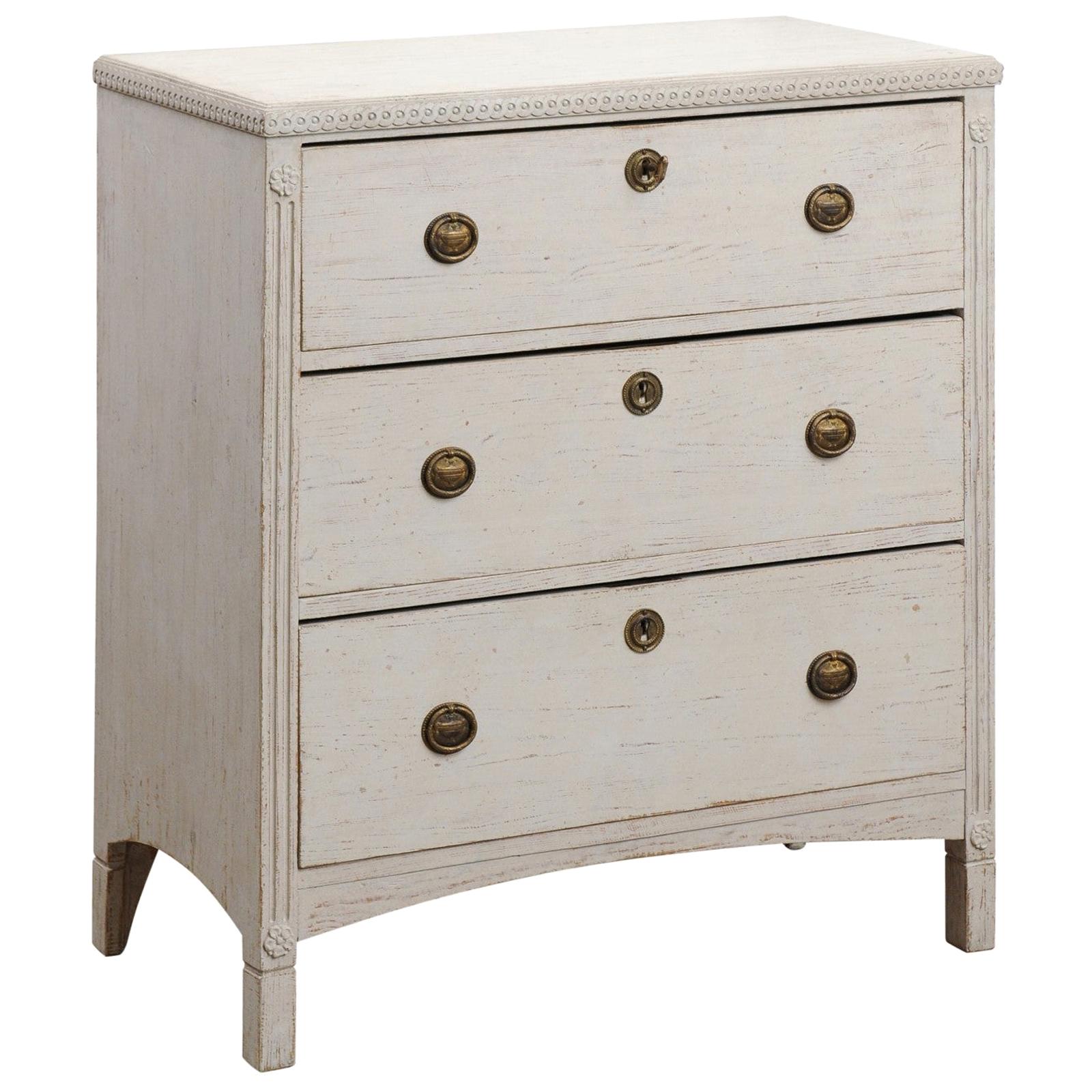 Swedish 19th Century Gustavian Style Painted Three-Drawer Chest with Guilloches