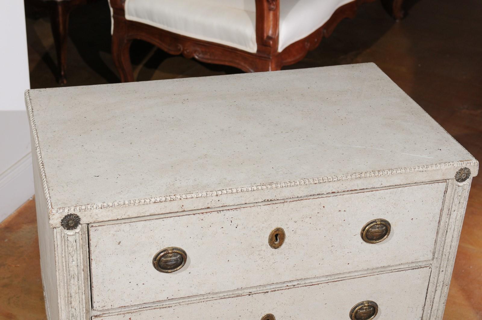 Swedish 19th Century Gustavian Painted Two Drawer Chest with Carved Motifs LiL In Good Condition In Atlanta, GA