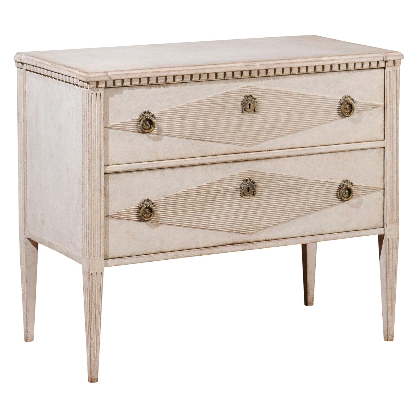 Swedish 19th Century Gustavian Style Painted Wood Chest with Reeded Diamonds