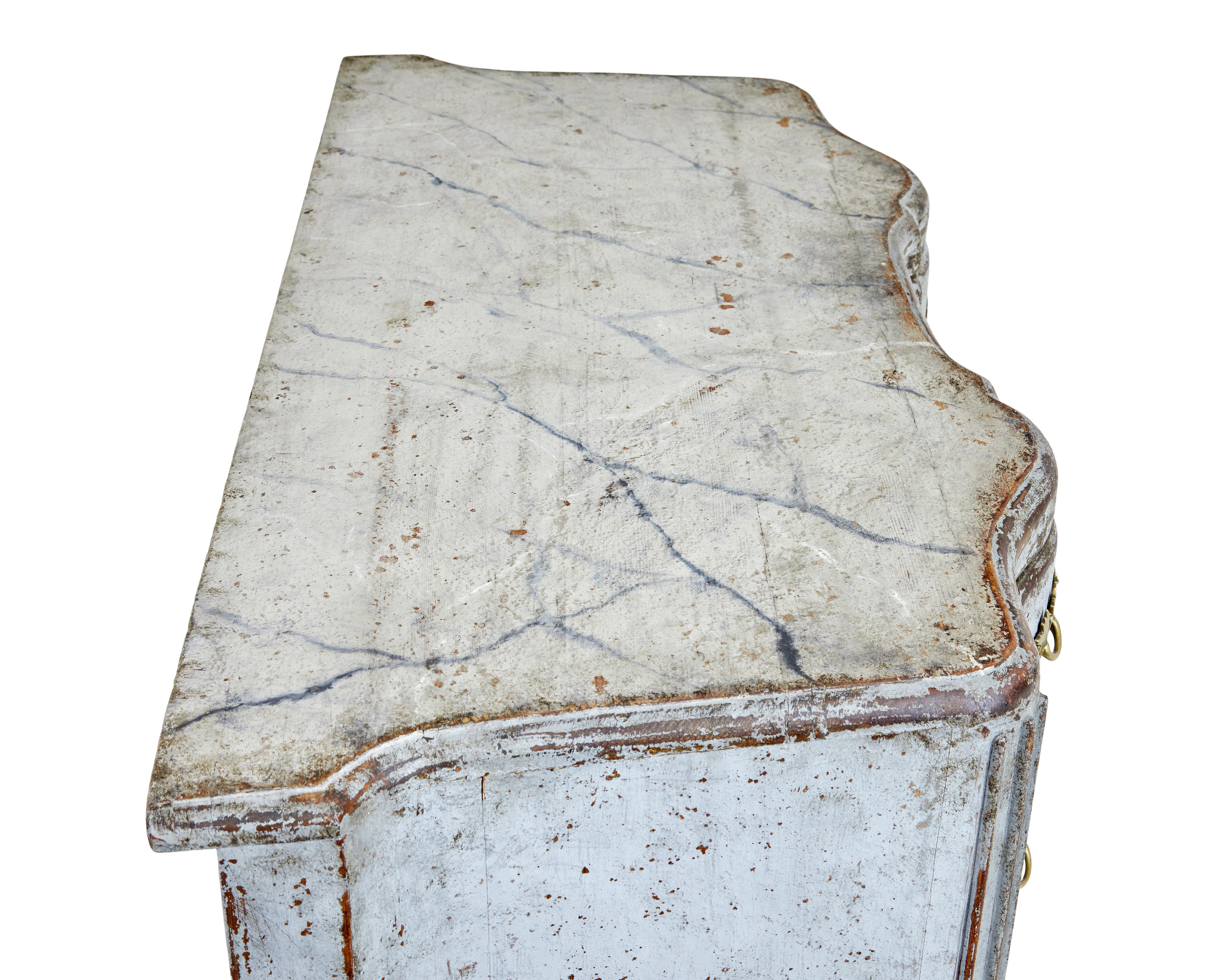 19th century hand painted Gustavian chest of drawers circa 1820.

3 drawer commode with shaped sides and serpentine shaped drawer fronts.  Made from oak with later early 20th century paint which has now taken on a distressed appearance.  Hand