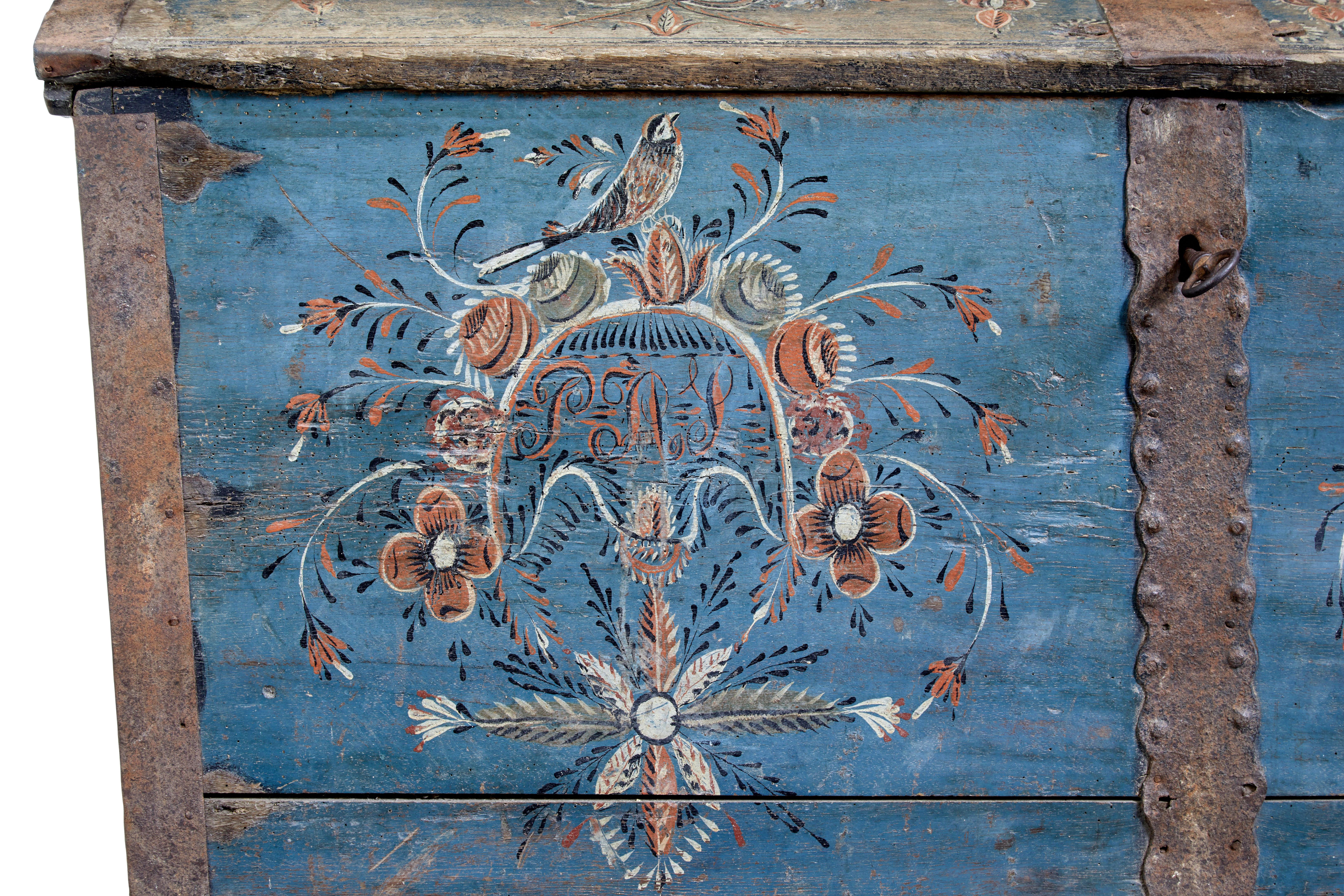 Quercia Forziere svedese in rovere dipinto a mano del XIX secolo in vendita
