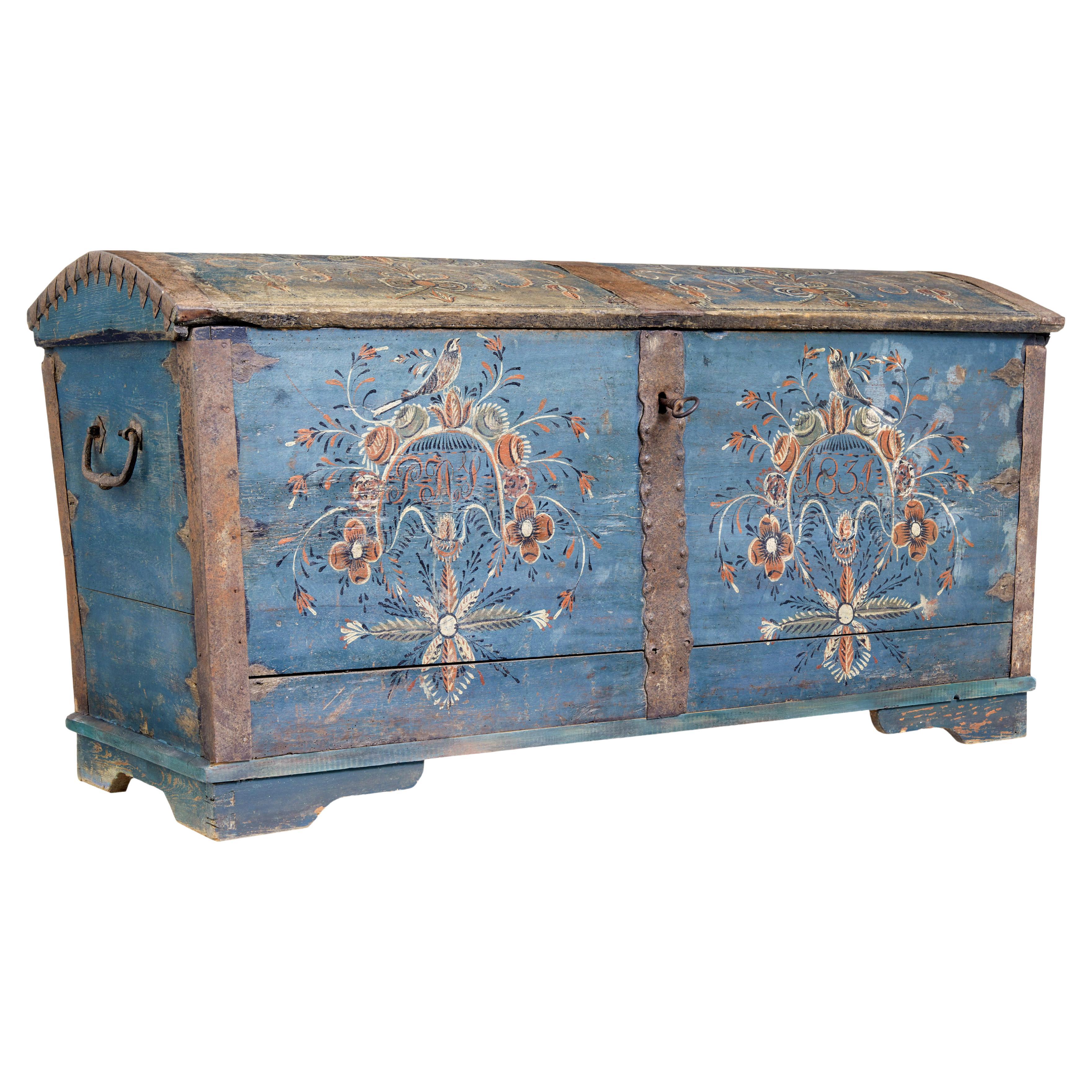 Swedish 19th century hand painted oak coffer For Sale