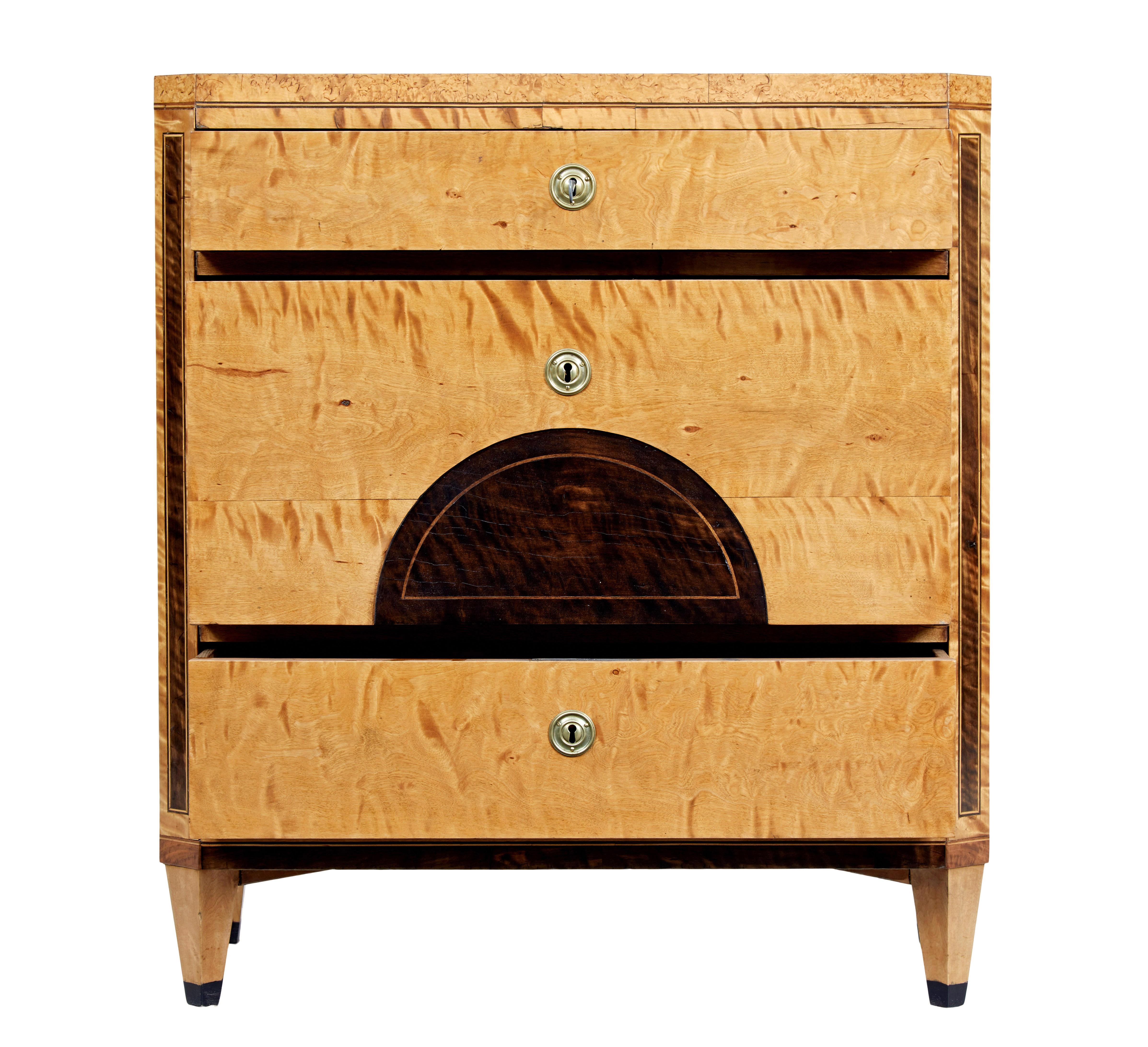Birch Swedish 19th century inlaid birch chest of drawers For Sale