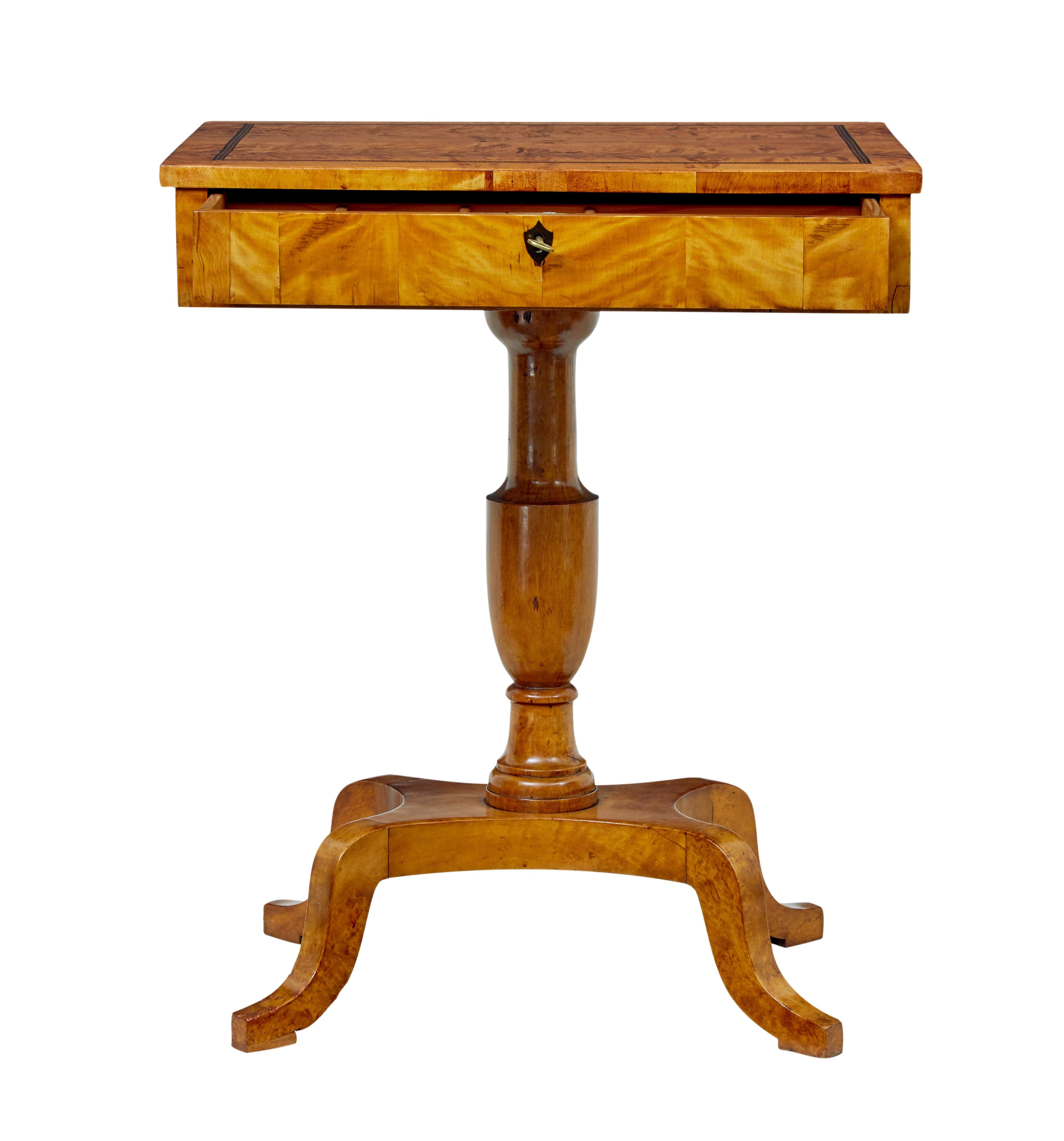 19th century inlaid empire revival birch work table circa 1880.

Rectangular top surface veneered in birch and decorated with a inlaid border. Single lockable drawer fitted with pine partitions and dividers, raised on a turned stem and supported on