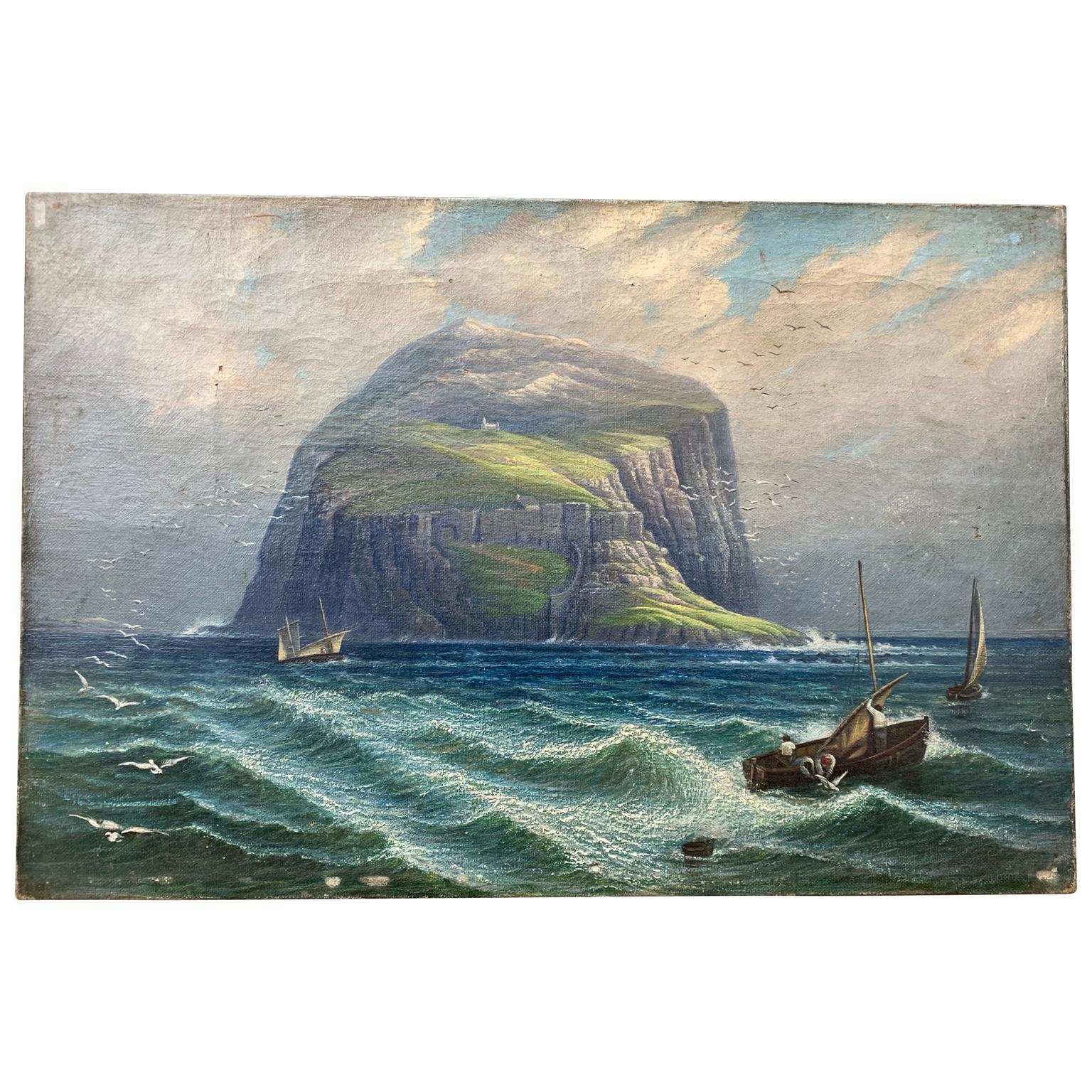 A 19th century oil painting on canvas representing a rocky island, coastline and sailing boats.
