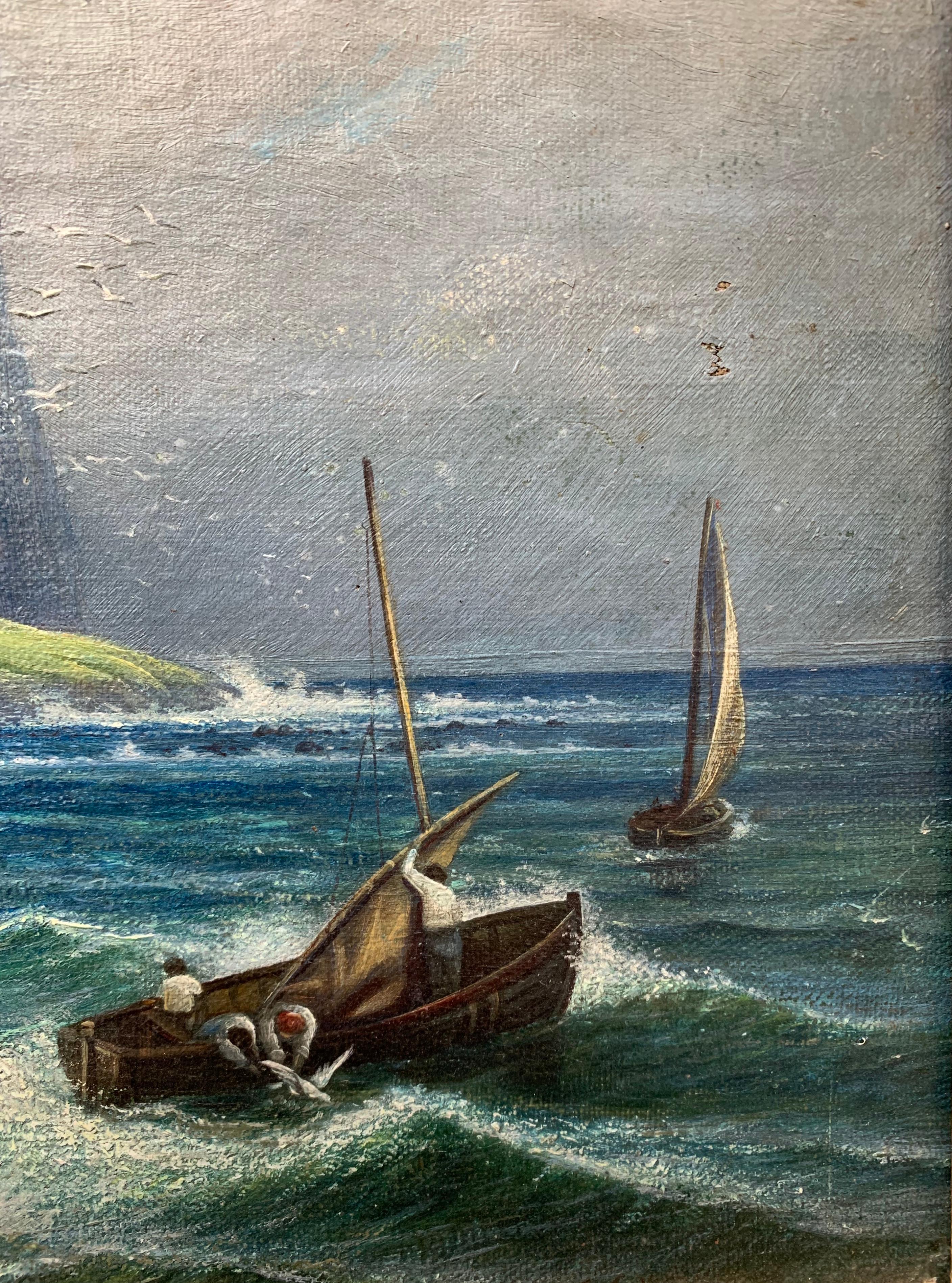Hand-Painted Swedish 19th Century Nautical Oil Painting of a Coastline and Sailing Boats For Sale