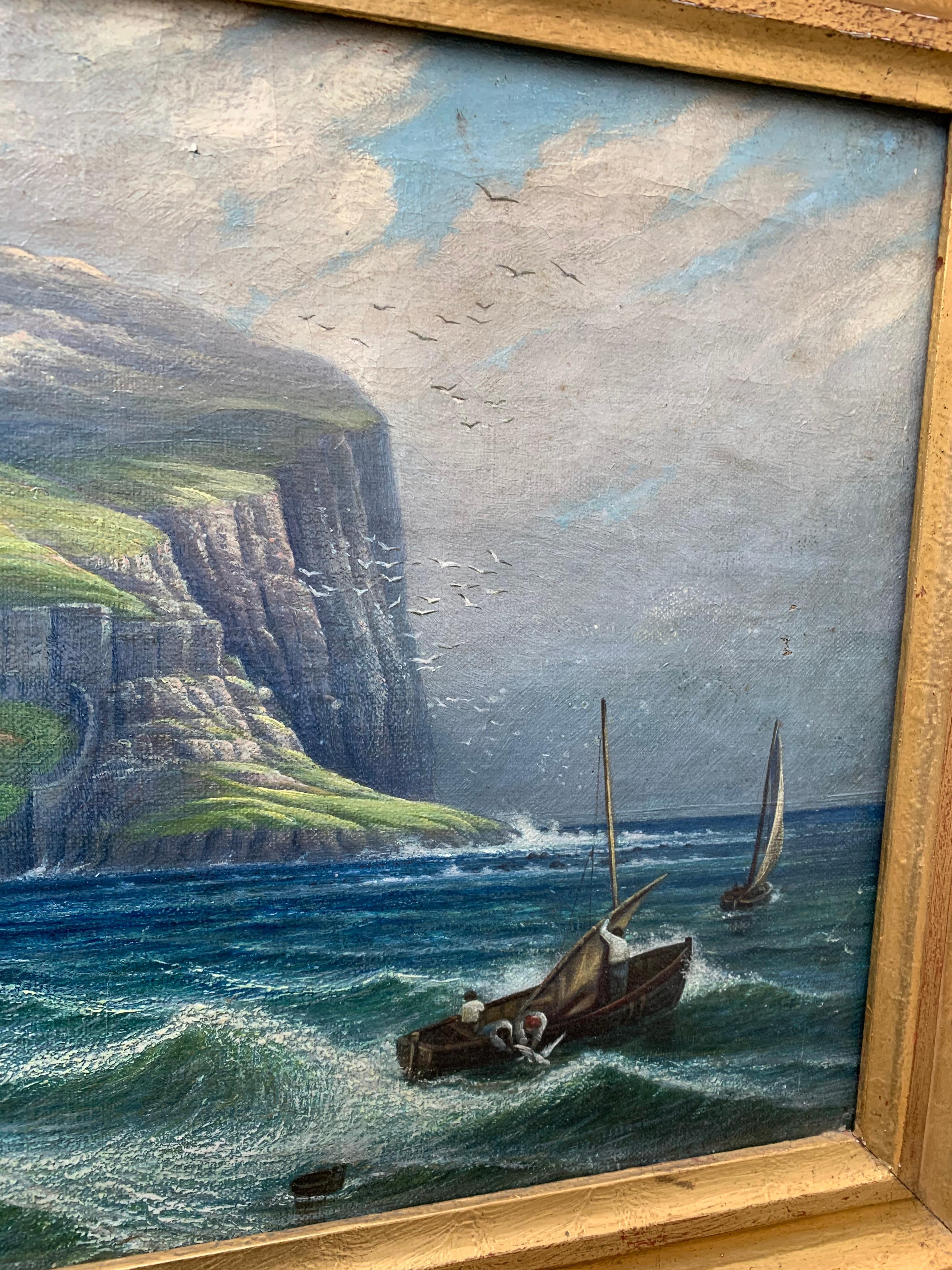 Canvas Swedish 19th Century Nautical Oil Painting of a Coastline and Sailing Boats For Sale