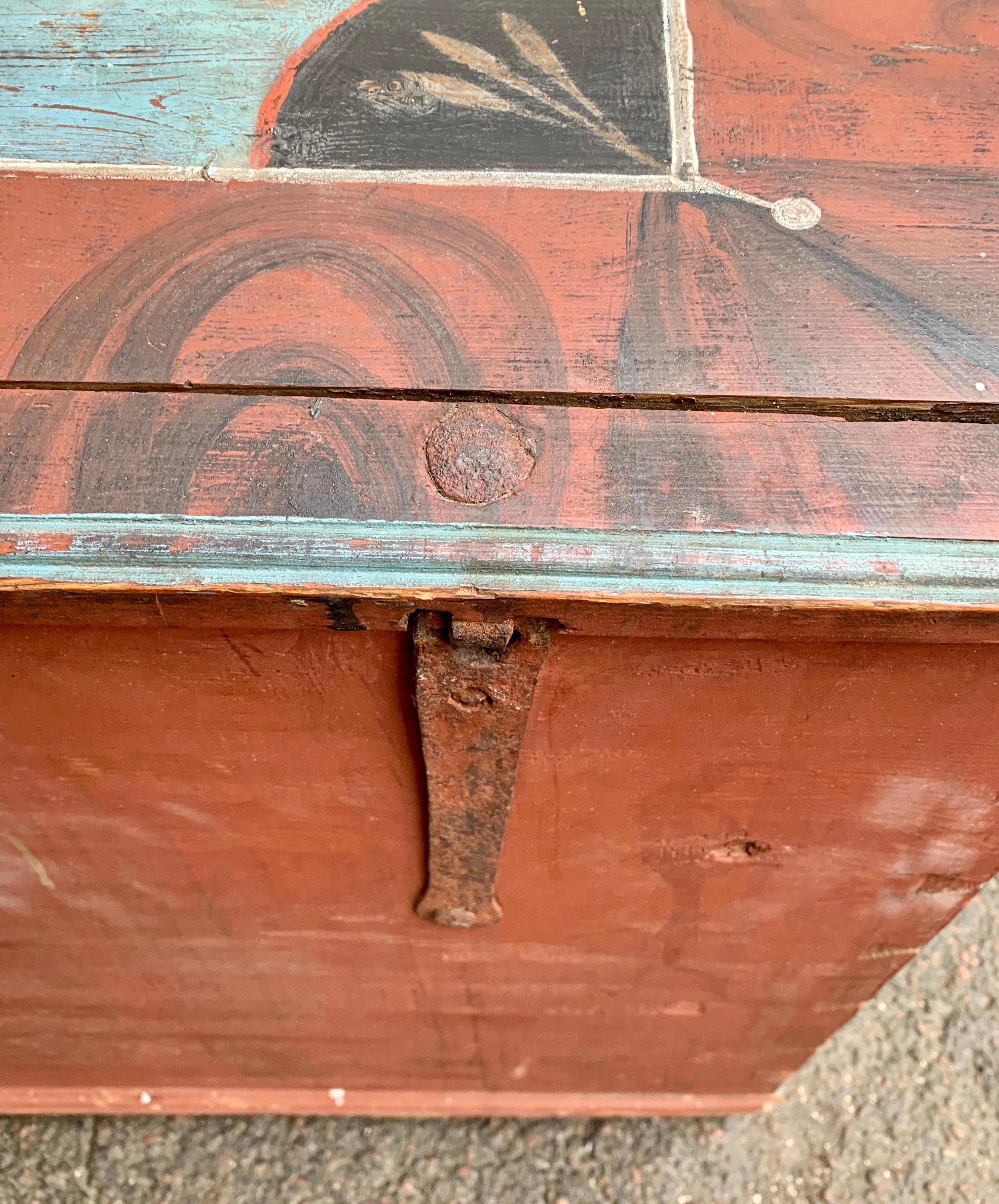 Swedish 19th Century Original Painted Dome-Top Wedding Trunk, Dated 1846 8
