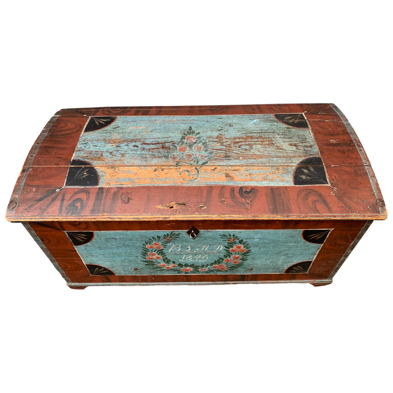 Country Swedish 19th Century Original Painted Dome-Top Wedding Trunk, Dated 1846