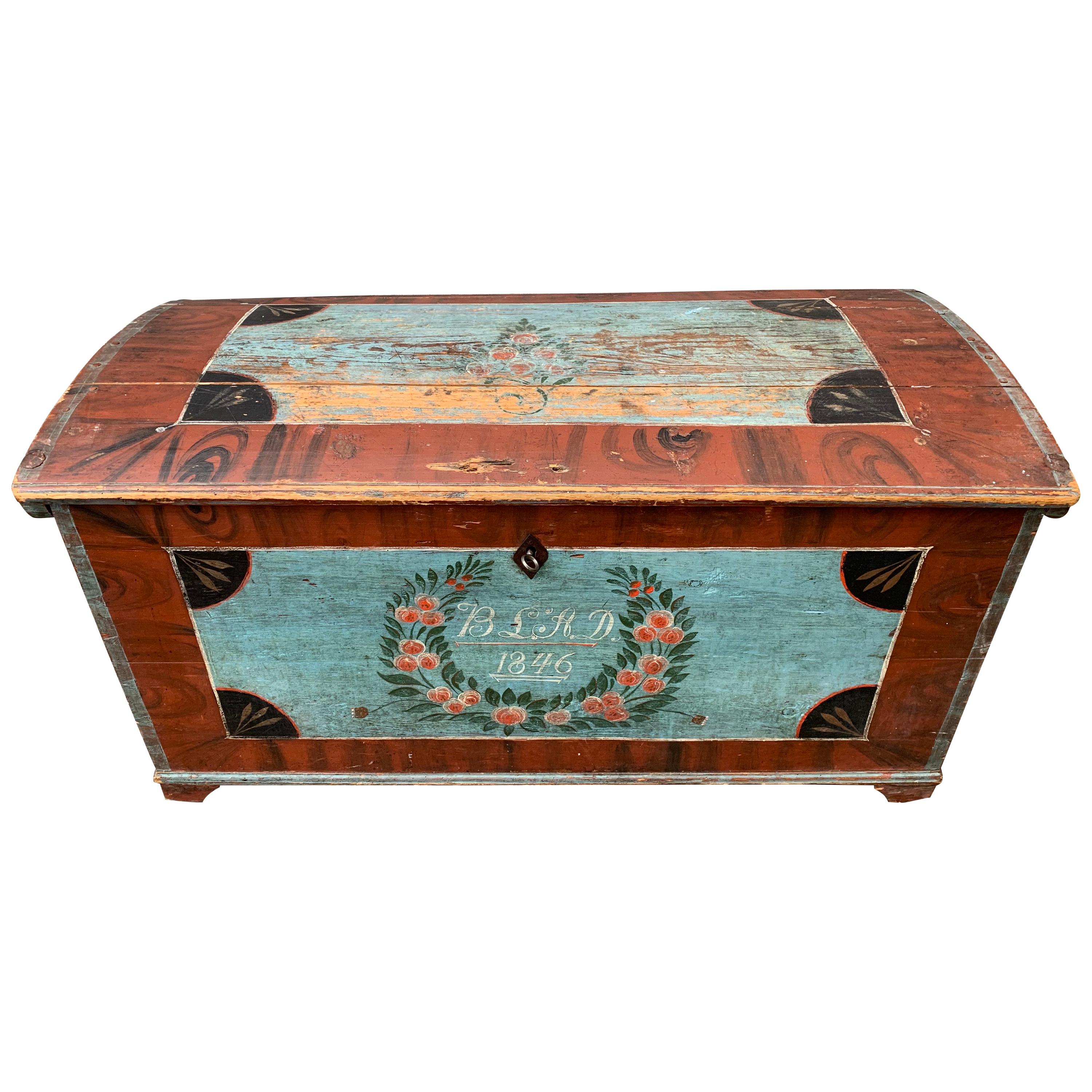 Swedish 19th Century Original Painted Dome-Top Wedding Trunk, Dated 1846