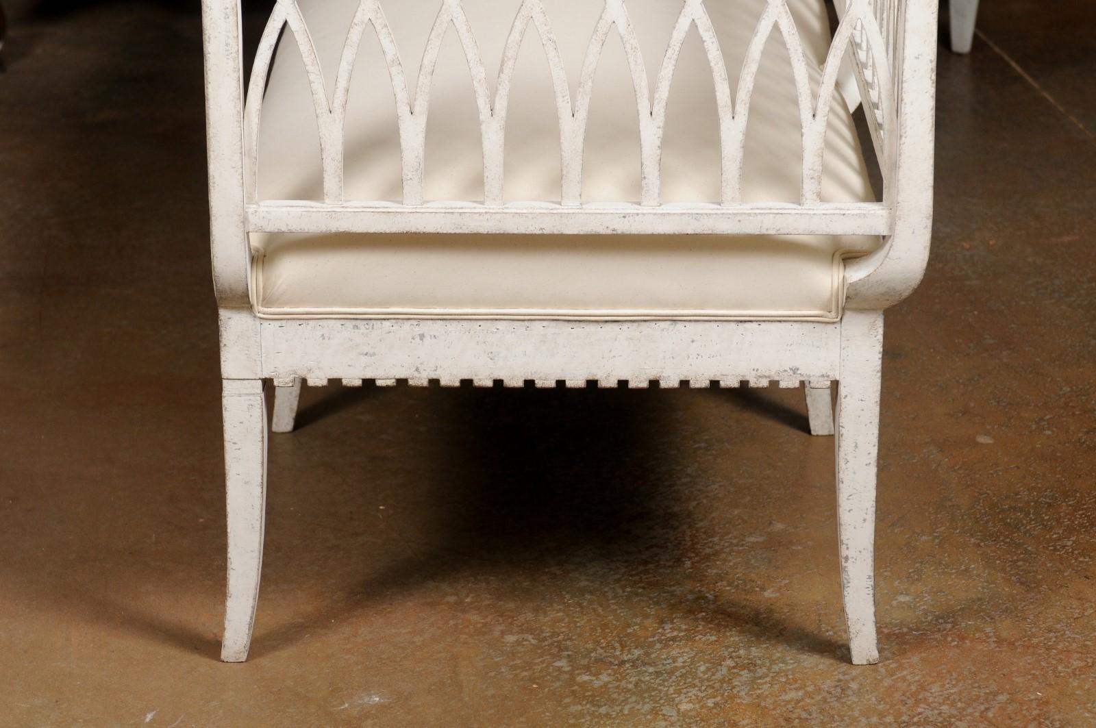 Swedish 19th Century Painted and Upholstered Sofa with Carved Broken Arch Motifs 8