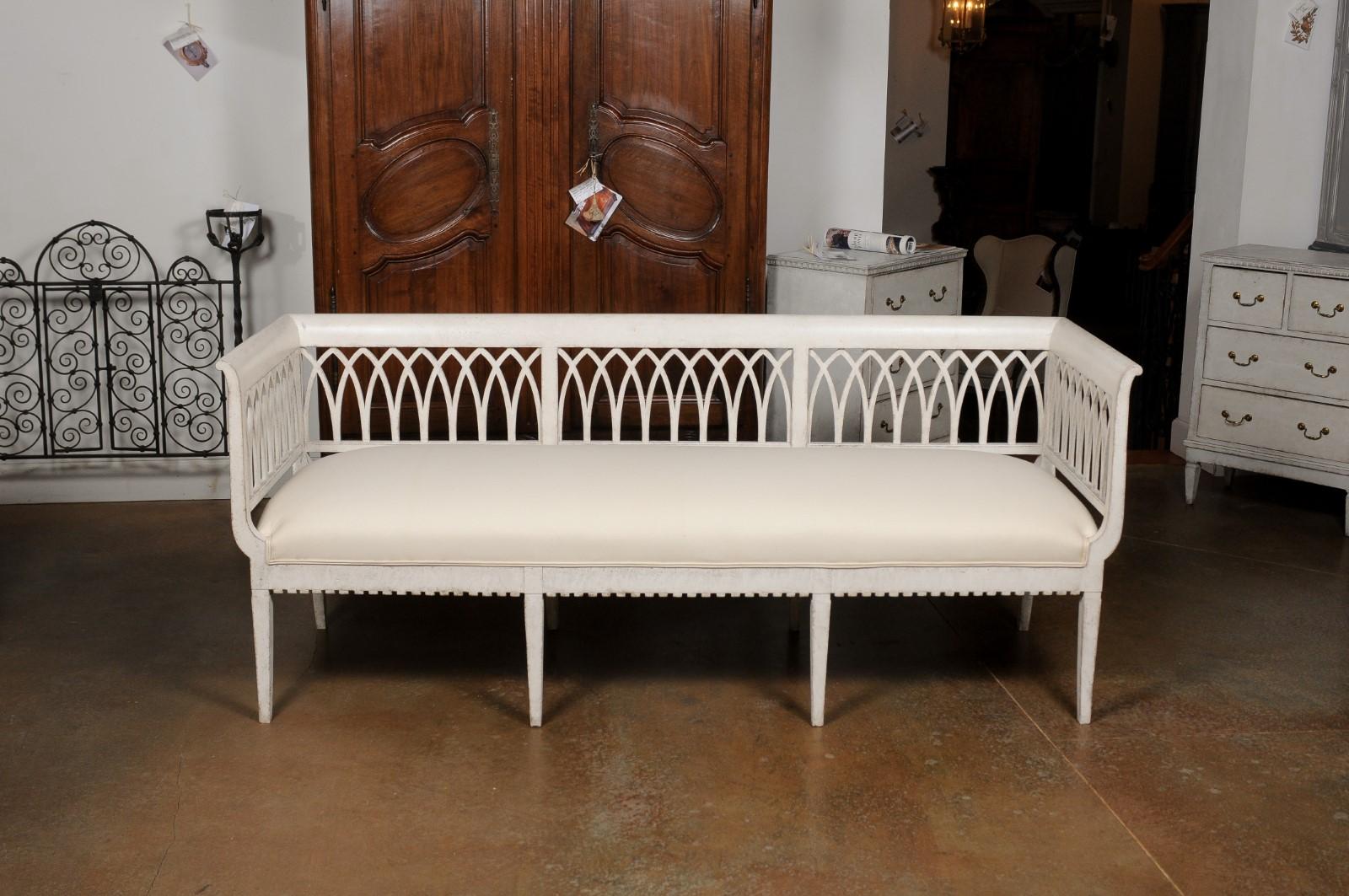 Swedish 19th Century Painted and Upholstered Sofa with Carved Broken Arch Motifs 13
