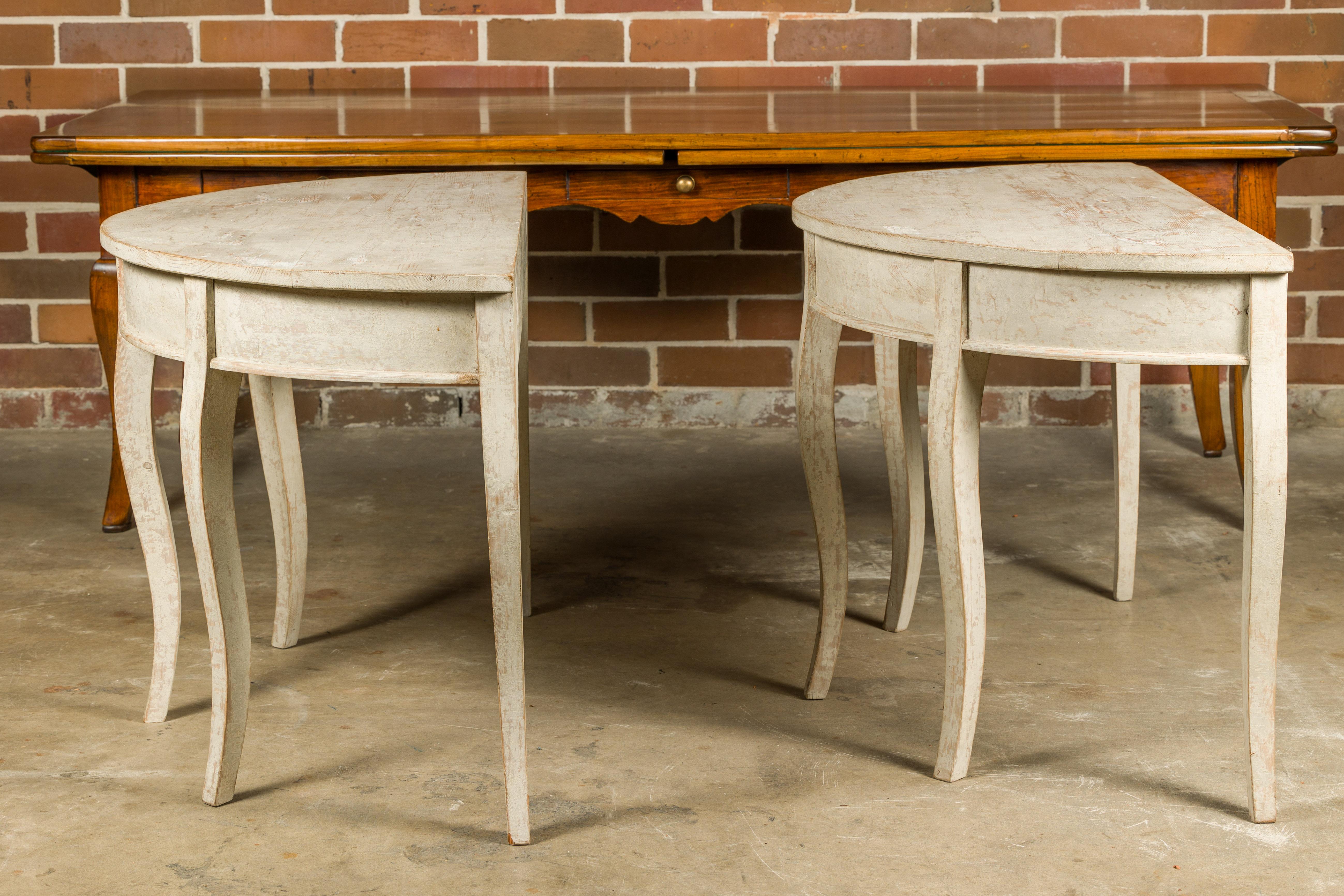 Swedish 19th Century Painted Demilune Tables with Cabriole Legs, a Pair For Sale 12