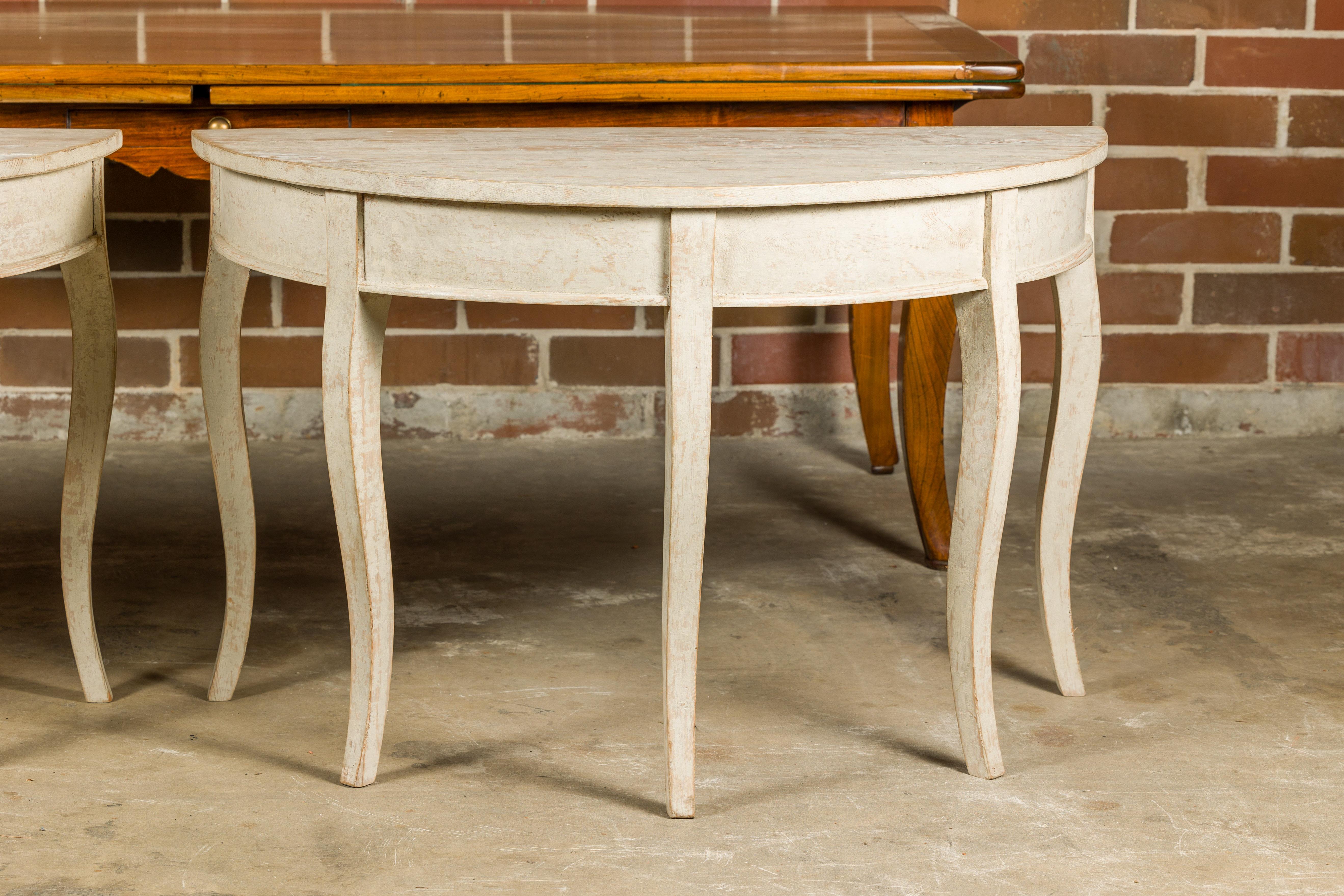 Swedish 19th Century Painted Demilune Tables with Cabriole Legs, a Pair In Good Condition For Sale In Atlanta, GA