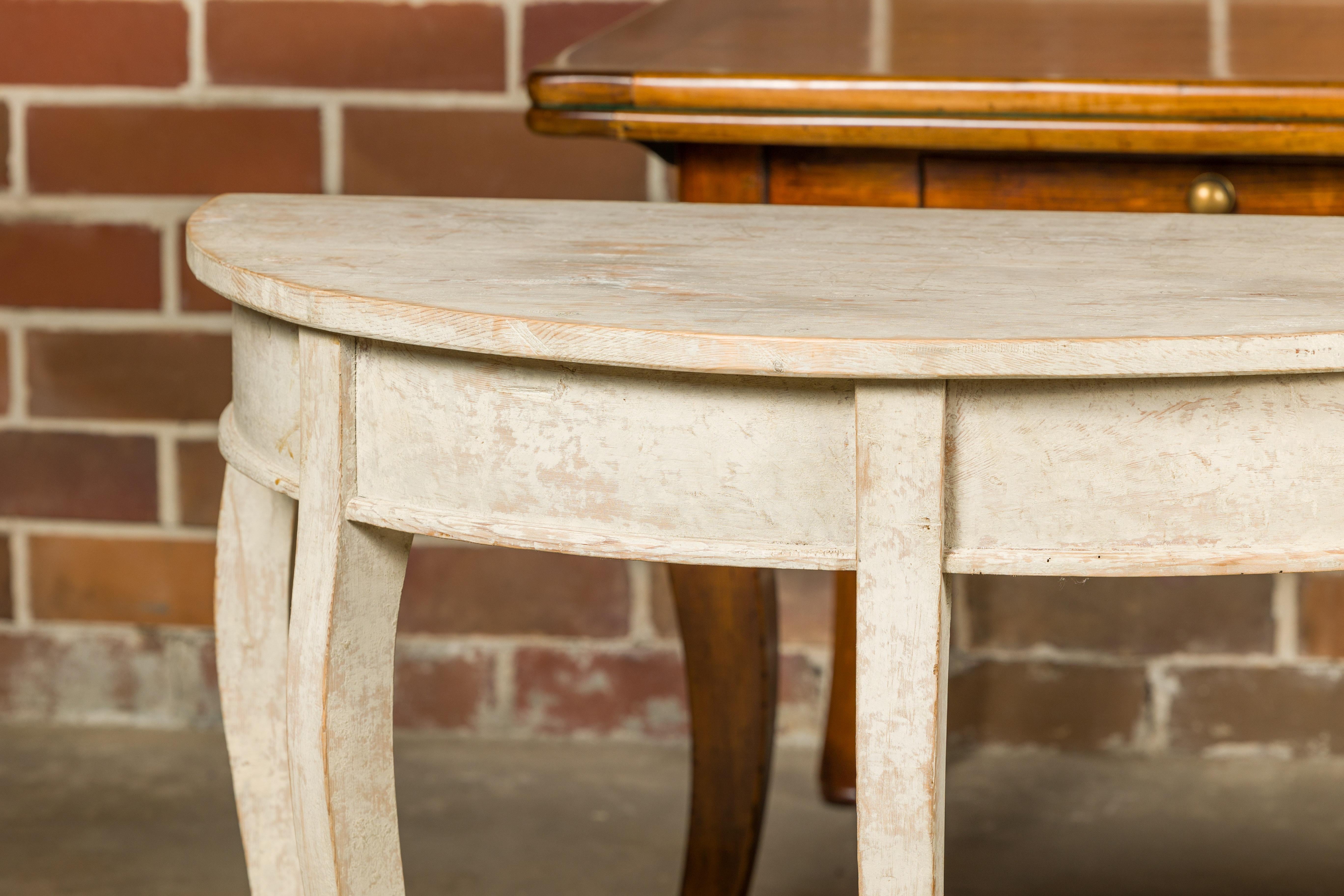 Wood Swedish 19th Century Painted Demilune Tables with Cabriole Legs, a Pair For Sale