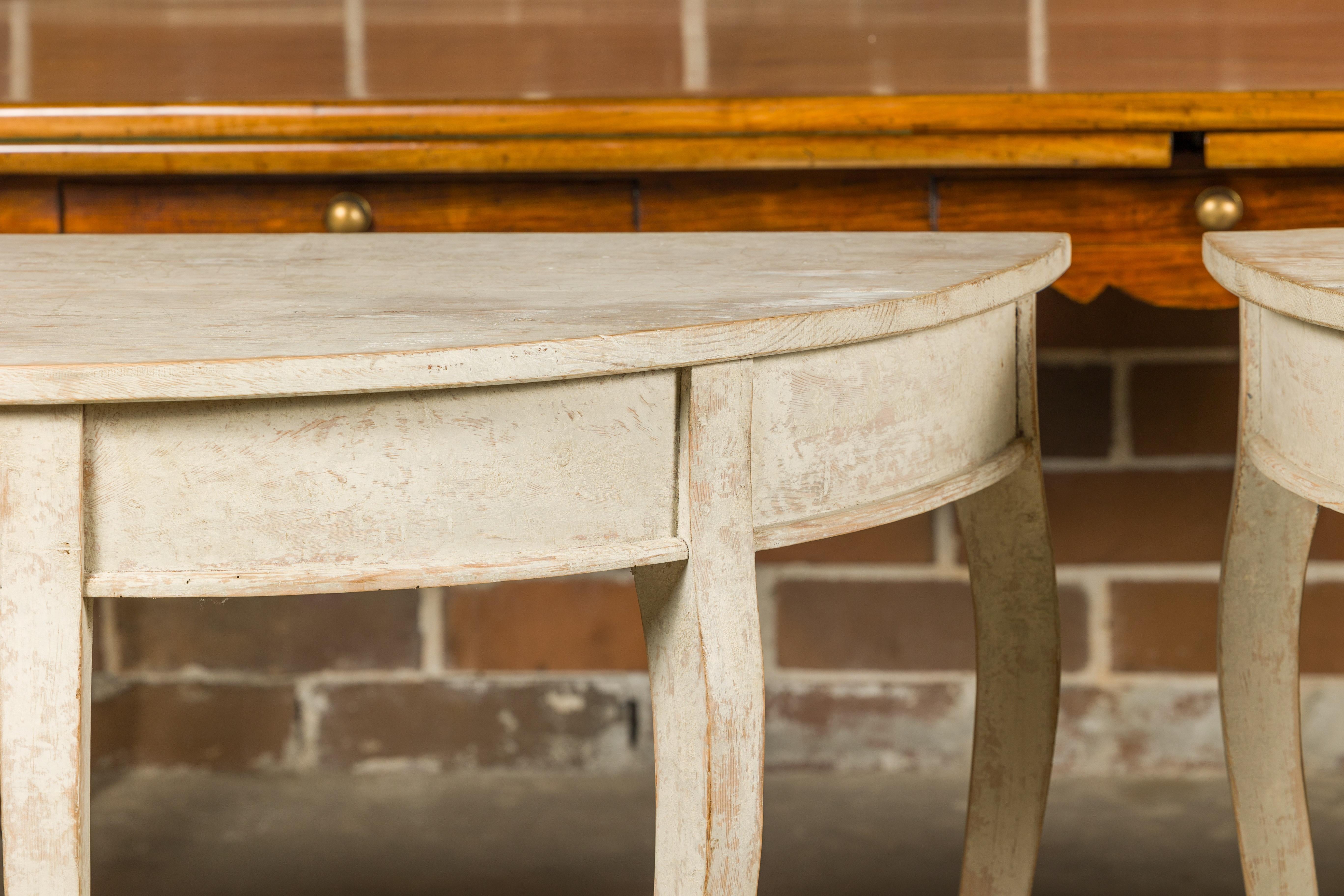 Swedish 19th Century Painted Demilune Tables with Cabriole Legs, a Pair For Sale 1