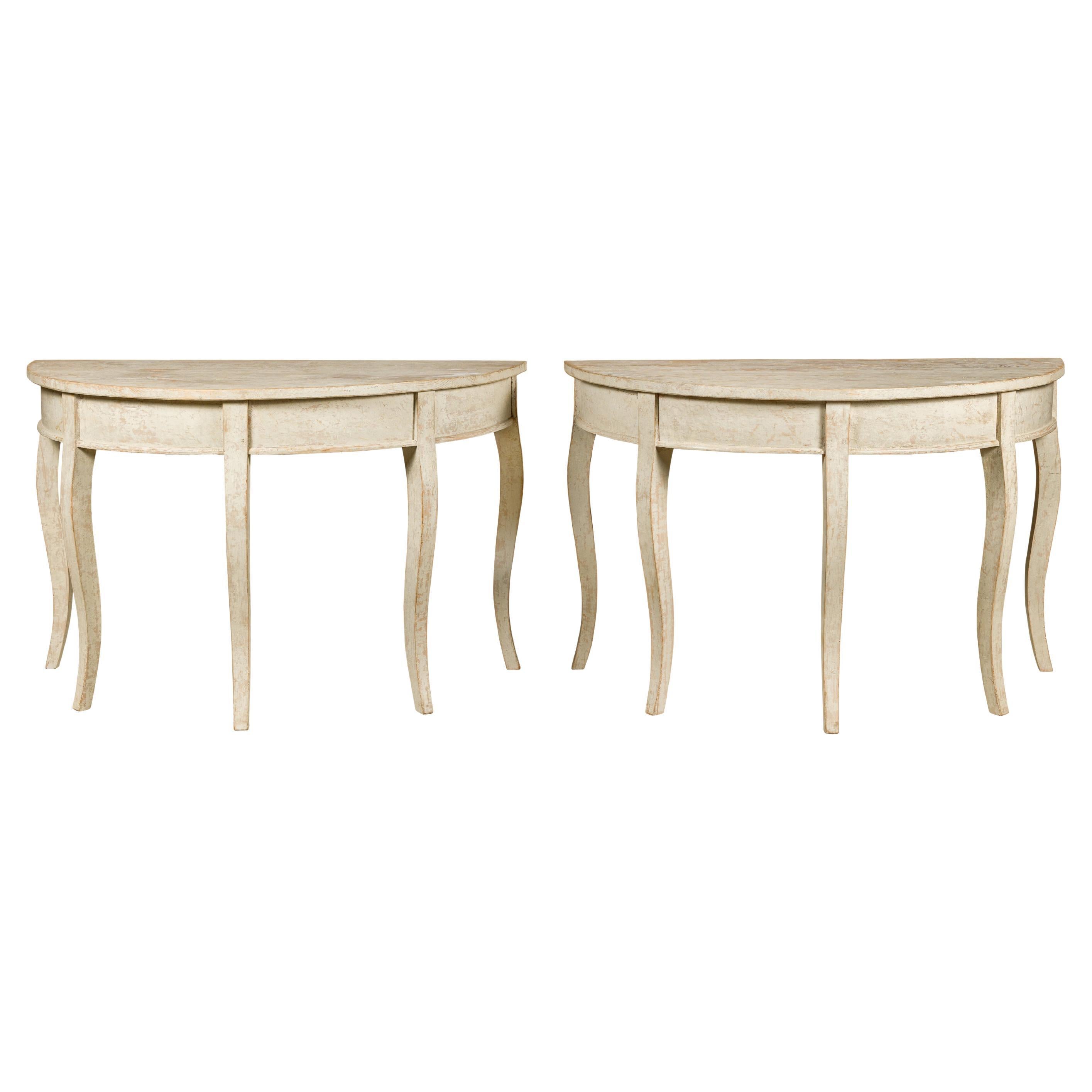 Swedish 19th Century Painted Demilune Tables with Cabriole Legs, a Pair For Sale