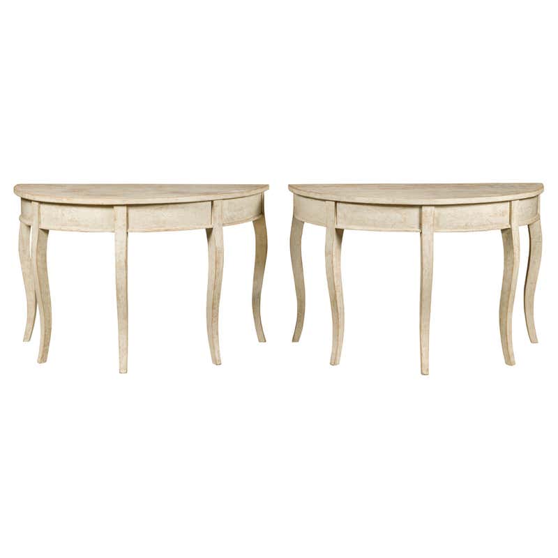 Rustic Wooden Demilune Table with White Painted Base and Cylindrical ...