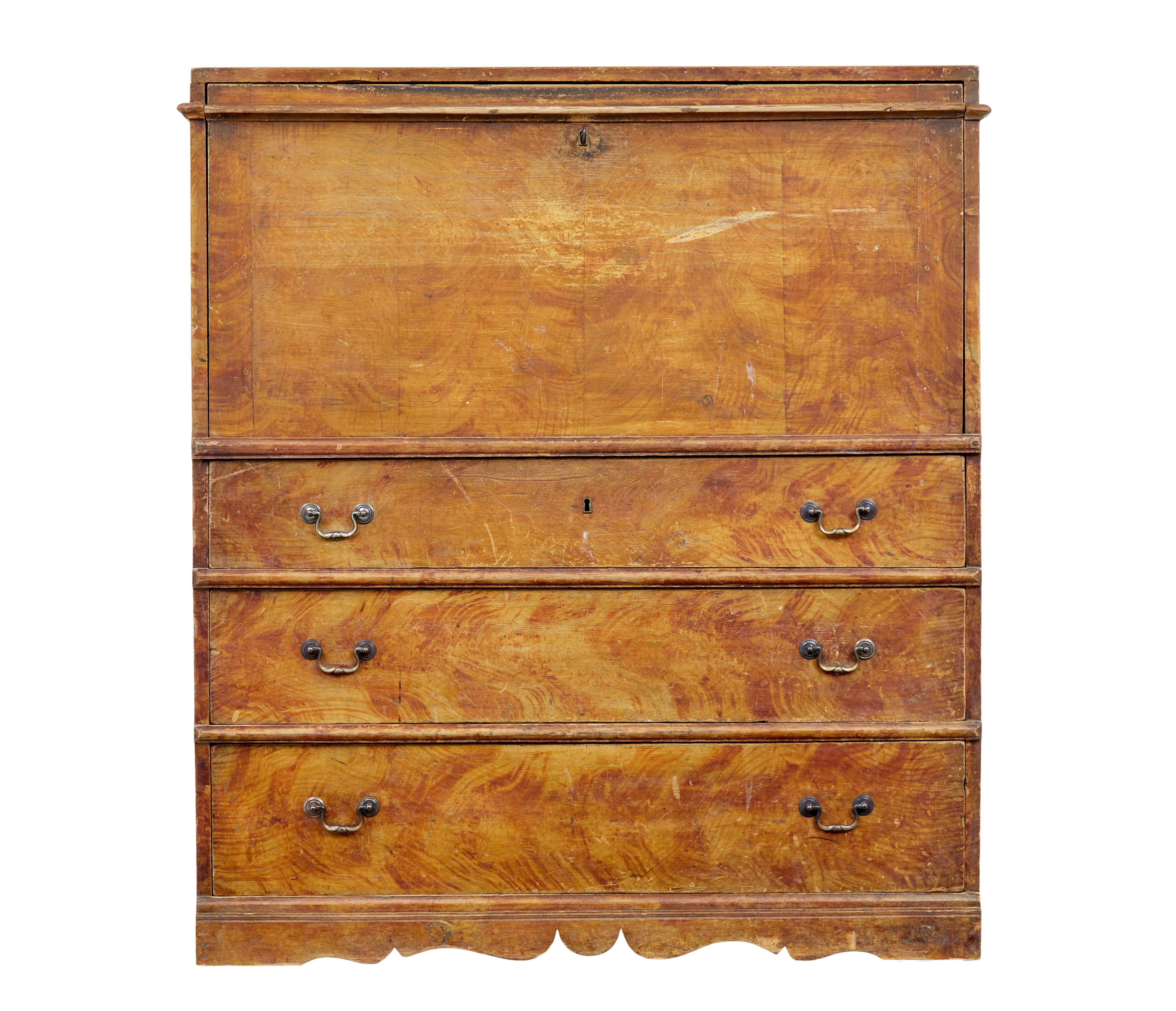 Swedish 19th century painted pine escritoire writing desk circa 1870.

We are pleased to offer this rustic escritoire, made from solid pine and hand painted on the outside using a rag work technique, which simulates grain.

Front with drop down fall