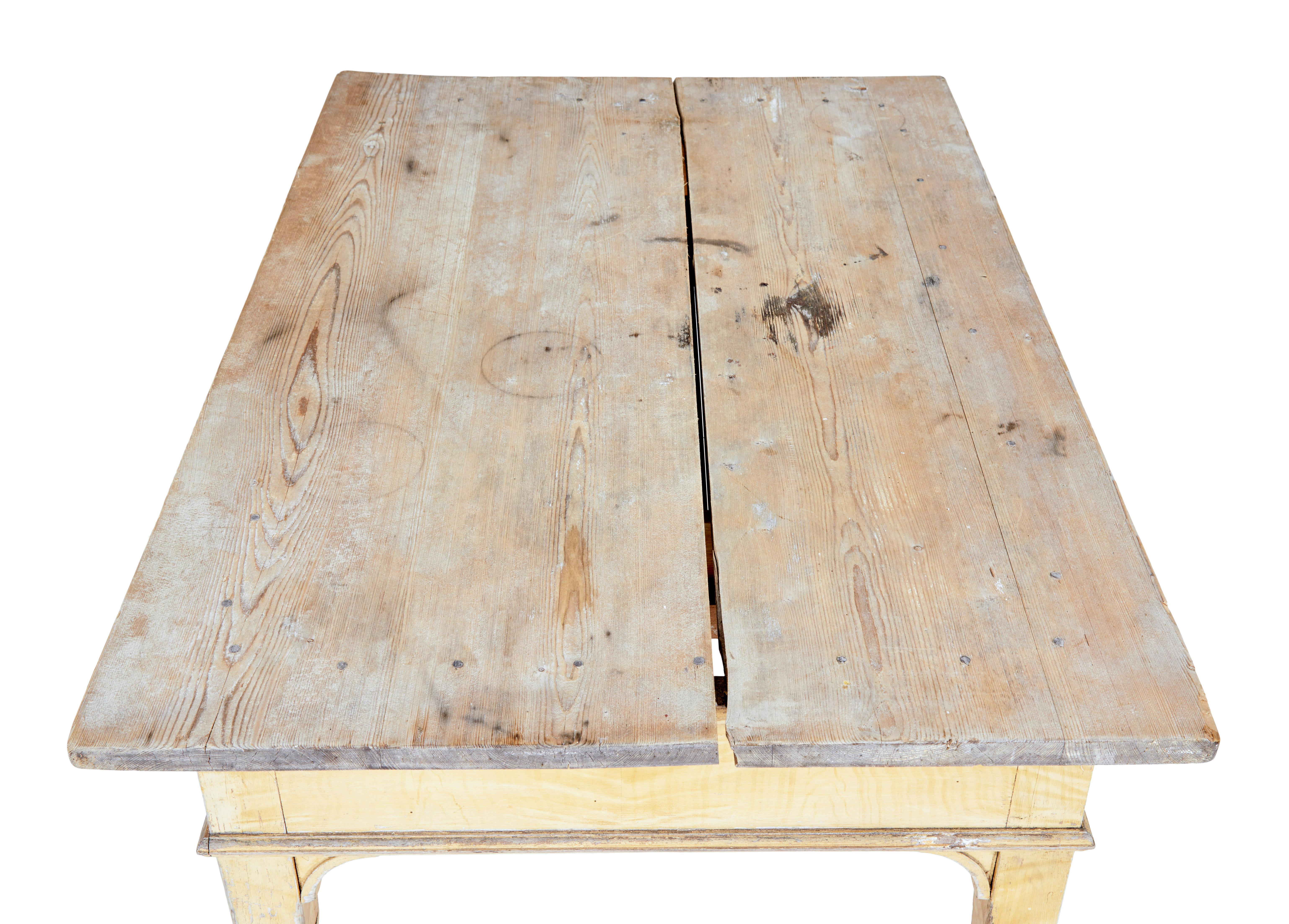 Swedish 19th century painted pine kitchen table circa 1870.

Good quality table with multiple uses around the home, with a knee height of 23.5 inches.  Pine top does have a age split down the centre, this could be closed up removing the top and