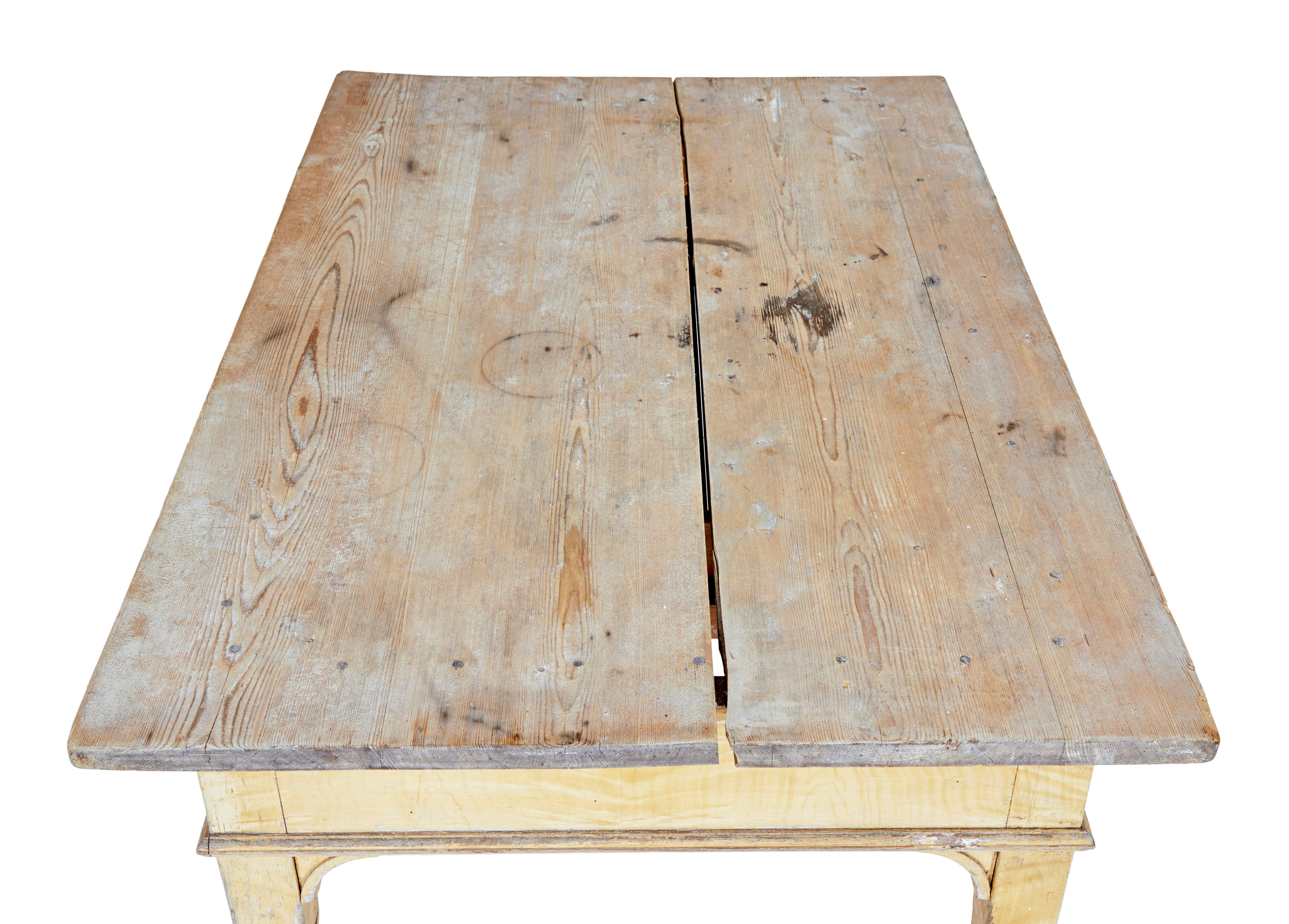 Table de cuisine suédoise en pin peint du XIXe siècle, vers 1870.

Table de bonne qualité à usages multiples dans la maison, avec une hauteur de genou de 23,5 pouces.  La table en pin présente une fente d'âge au centre, qui pourrait être refermée en