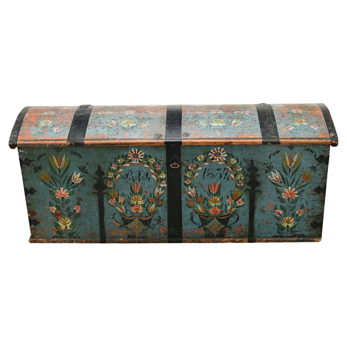 Swedish 19th Century Painted Pine Marriage Trunk For Sale