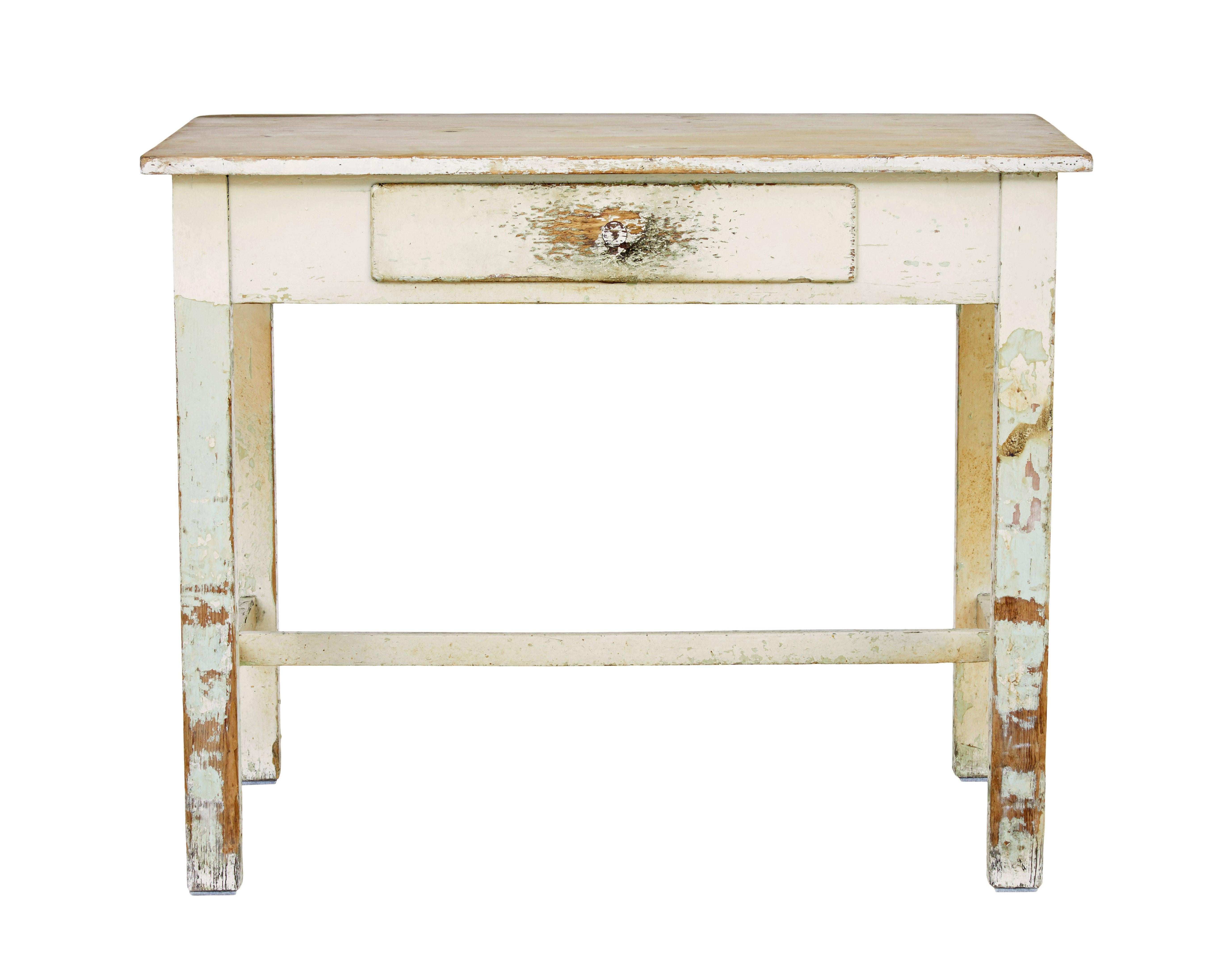 19th century painted pine side table circa 1890.

Multi functional Swedish pine occasional table.  Many use's around the home for this piece, such as the living room, hallway or ideally a garden room.

Scrubbed bare pine top surface, single drawer