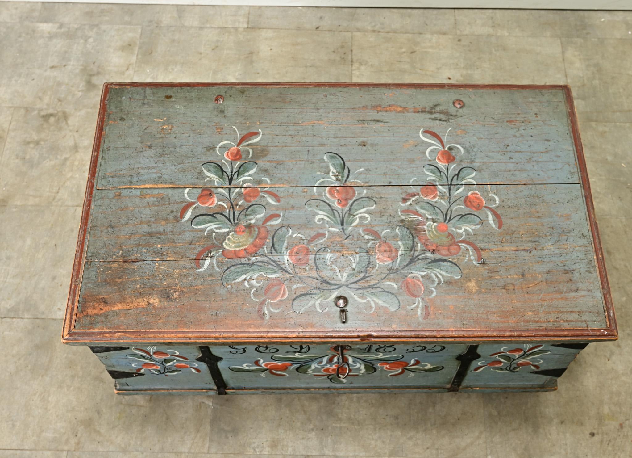Hand-Carved Swedish 19th Century Painted Pine Trunk